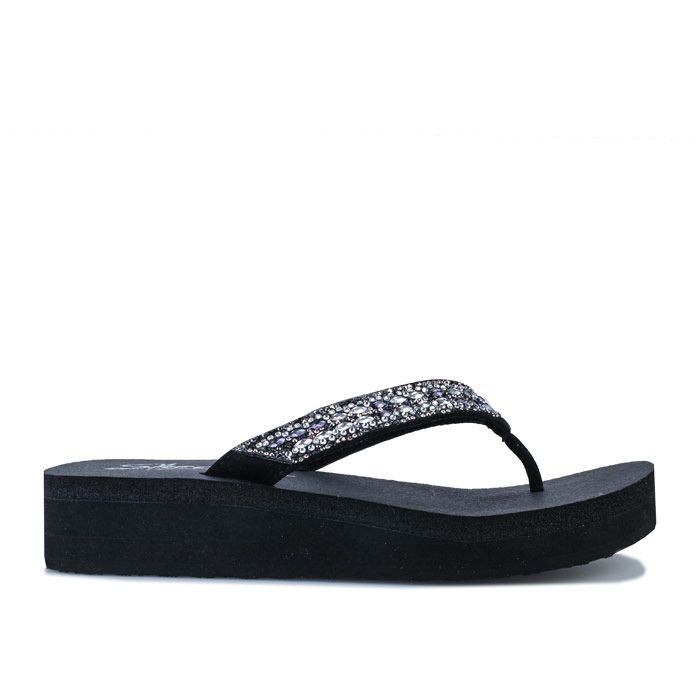 Womens Skechers Vinyasa - Glory Day Sandals in black.<BR><BR>Casual comfort thong wedge sandals.<BR>- Slip on design.<BR>- Soft faux suede upper with rhinestone embellishment.<BR>- Soft fabric toe post.<BR>- Comfortable textile strap lining.<BR>- YOGA FOAM® cushioned comfort footbed<BR>- Flexible lightweight shock absorbing midsole.<BR>- Flexible traction outsole.<BR>- 1.5 inch wedge.<BR>- Textile and synthetic upper  Textile and synthetic lining  Synthetic sole.<BR>- Ref: 31619-BLK<BR><BR>Measurements are intended for guidance only.