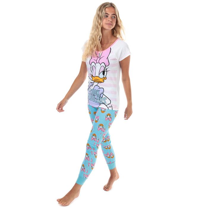 Womens Disney Daisy Duck Pyjamas in white - blue.<BR><BR>Top:<BR>- White and pink cotton t-shirt.<BR>- Contrast ribbed round neck.<BR>- Short raglan sleeves.<BR>- Contrast stitch detail.<BR>- Large Daisy Duck ‘I look fabulous’ graphic printed to front.<BR>- 100% Cotton.  Machine washable.  <BR><BR>Bottoms:<BR>- Blue cotton pyjama bottoms with repeat Daisy Duck print.<BR>- Elasticated at waist.<BR>- Ribbed cuffs.<BR>- 100% Cotton.  Machine washable.  <BR>- Ref: 31808