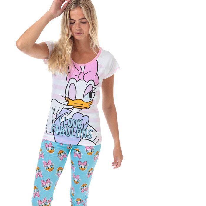 Womens Disney Daisy Duck Pyjamas in white - blue.<BR><BR>Top:<BR>- White and pink cotton t-shirt.<BR>- Contrast ribbed round neck.<BR>- Short raglan sleeves.<BR>- Contrast stitch detail.<BR>- Large Daisy Duck ‘I look fabulous’ graphic printed to front.<BR>- 100% Cotton.  Machine washable.  <BR><BR>Bottoms:<BR>- Blue cotton pyjama bottoms with repeat Daisy Duck print.<BR>- Elasticated at waist.<BR>- Ribbed cuffs.<BR>- 100% Cotton.  Machine washable.  <BR>- Ref: 31808