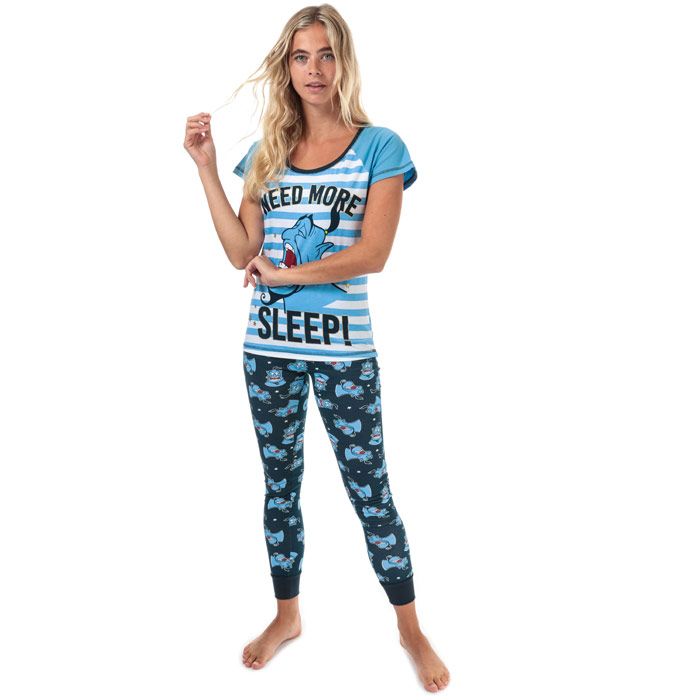 Womens Disney Aladdin Genie Pyjamas in blue - white.<BR><BR>Top:<BR>- Blue and white cotton t-shirt.<BR>- Contrast ribbed round neck.<BR>- Short raglan sleeves.<BR>- Contrast stitch detail.<BR>- Large Genie ‘Need More Sleep!’ graphic printed to front.<BR>- Glitter accents.<BR>- 100% Cotton.  Machine washable.  <BR><BR>Bottoms:<BR>- Navy blue cotton pyjama bottoms with repeat Genie print.<BR>- Elasticated at waist.<BR>- Ribbed cuffs.<BR>- 100% Cotton.  Machine washable.  <BR>- Ref: 31810