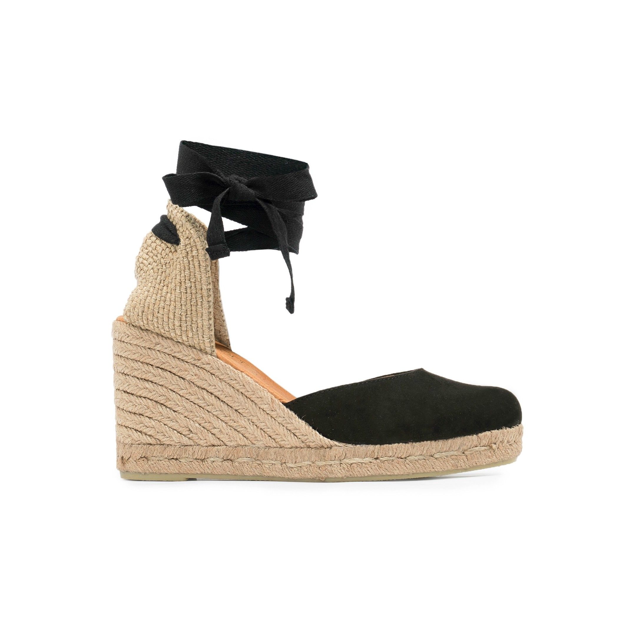 Ankle strap wedge sandals for women. By Eva Lopez Shoes. Ultrasuede fabric. Upper made of textile. Cotton laces closure. Inner lining and insole: pig lining. Padded shoe sole: 0.3 cm. Sole material: synthetic. Heel height: 8 cm. Platform: 2 cm Designed and manufactured in Spain.