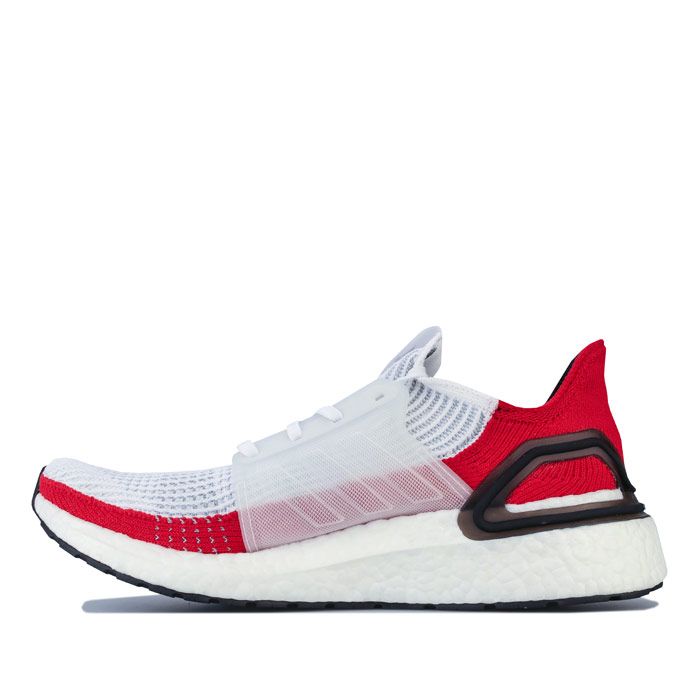Mens adidas Ultraboost 19 Running Shoes in cloud White - core Black. – Responsive ultra-cushioned running shoes designed for an energised ride. – adidas Primeknit 360 upper has an engineered second-skin fit and built with motion weave technology for adaptive stretch and support. – boost midsole provides light fast energy with every stride. – Dual-density Boost cushioning on the medial side provide energised stability for a smooth responsive ride. – Stabilising Torsion Spring is embedded in the midsole to provide support during landing and propulsion at toe-off. – Supportive cage wraps around the midfoot for a locked-down fit. – Lightweight 3D moulded heelcage for a personalised fit. – Lightweight and elastic STRETCHWEB rubber outsole adapts to the ground for stability and works strategically to optimise the unique properties of the boost midsole from touchdown to push-off. – Continental rubber outsole provides superior grip in wet and dry conditions. – Arch type: normal. – Textile and synthetic upper – Textile and synthetic lining – Synthetic sole. – Ref: EF1341
