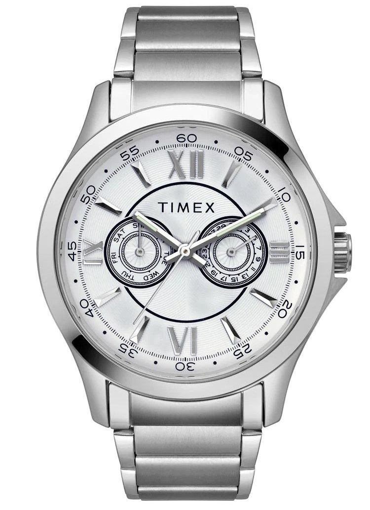 This Timex  Multi Dial Watch for Men is the perfect timepiece to wear or to gift. It's Silver 42 mm Round case combined with the comfortable Silver Stainless steel watch band will ensure you enjoy this stunning timepiece without any compromise. Operated by a high quality Quartz movement and water resistant to 3 bars, your watch will keep ticking. This sporty and clasical watch is perfect for every occasion! -The watch has a calendar function: Day-Date, Luminous Hands High quality 21 cm length and 21 mm width Silver Stainless steel strap with a Fold over clasp Case diameter: 42 mm,case thickness: 9 mm, case colour: Silver and dial colour: White