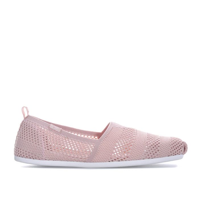 Womens Skechers BOBS Plush - Twiggy Pumps in blush.<BR><BR>-Slip on casual comfort alpargata pumps.<BR>- Crochet knit mesh fabric upper with openwork panels.<BR>- Stretch knit collar and front panel for easy  slip on fit.<BR>- Toe pleat detail.<BR>- Woven heel overlay and pull on loop.<BR>- Unlined design for comfort and breathability.<BR>- Memory Foam cushioned comfort insole.<BR>- Flexible rubber traction sole.<BR>- Woven BOBS logo tab to side.<BR>- Textile upper and lining  Synthetic sole.<BR>- Ref: 33406-BLSH