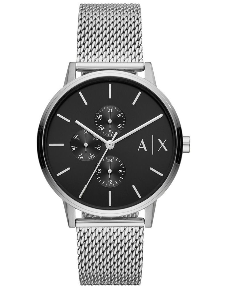 This Armani Exchange Cayde Multi Dial Watch for Men is the perfect timepiece to wear or to gift. It's Silver 42 mm Round case combined with the comfortable Silver Stainless steel watch band will ensure you enjoy this stunning timepiece without any compromise. Operated by a high quality Quartz movement and water resistant to 5 bars, your watch will keep ticking. This fashionable and classic watch matches any outfit at any occasion,it adds style to your life -The watch has a function: 24-hour Display High quality 21 cm length and 19 mm width Silver Stainless steel strap with a Fold over clasp Case diameter: 42 mm,case thickness: 9 mm, case colour: Silver and dial colour: Black