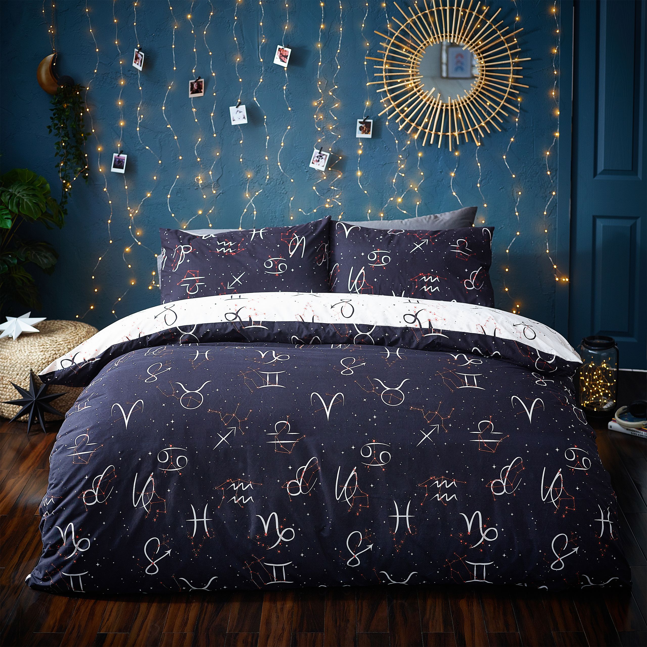 What is your zodiac sign? This zodiac inspired duvet set featuring all the zodiac signs surrounded by star constellations. The design continues to the reverse on a neutral base so you can switch the look when you need to. Have the best night’s sleep with this celestial-themed duvet set.
