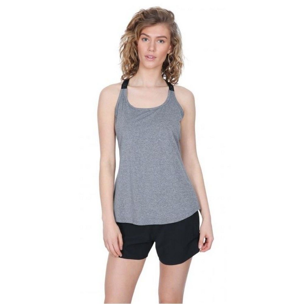 Sports vest. Scoop neck. Branded elastic straps. Racer back. Dipped hem. Quick dry. 90% Polyester, 10% Elastane. Trespass Womens Chest Sizing (approx): XS/8 - 32in/81cm, S/10 - 34in/86cm, M/12 - 36in/91.4cm, L/14 - 38in/96.5cm, XL/16 - 40in/101.5cm, XXL/18 - 42in/106.5cm.