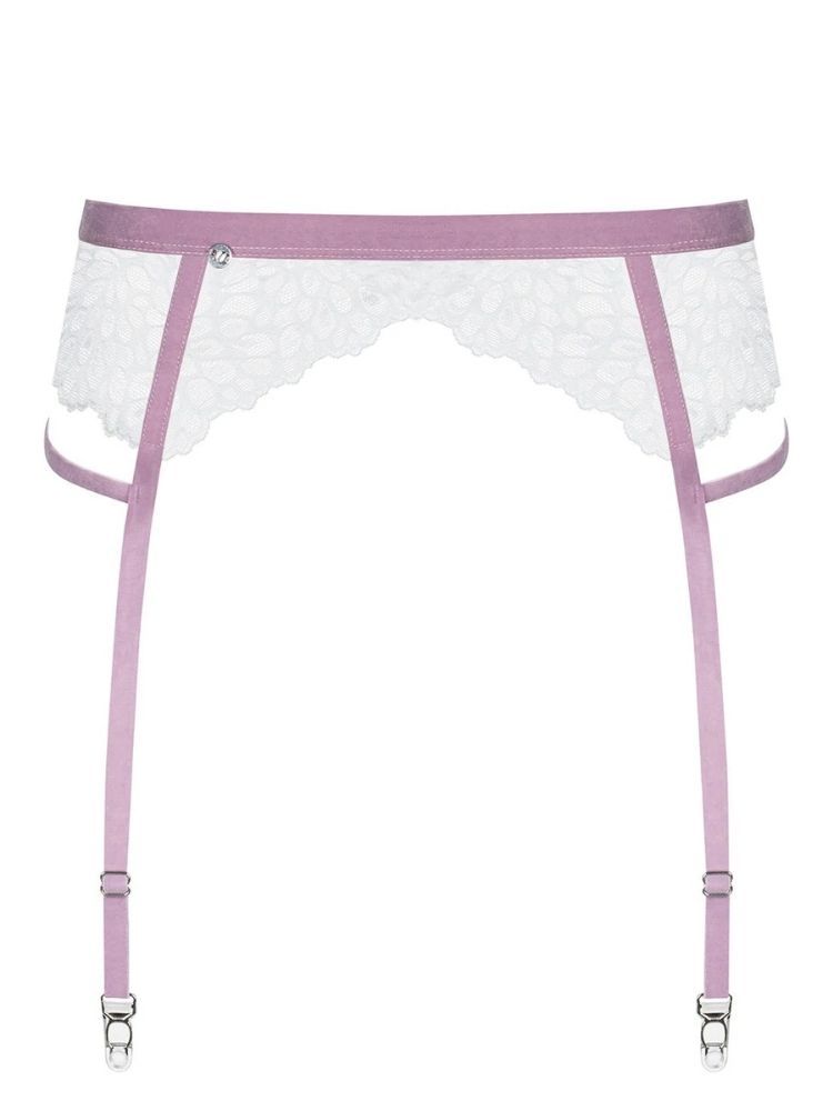 An elegant and chic suspender belt.  The waistband is lilac velvet along with the four adjustable garter straps which decorate the body. The belt has a classic cut that enhances your shape with lovely elastic lace. The stockings do not come with the garter belt but are available.