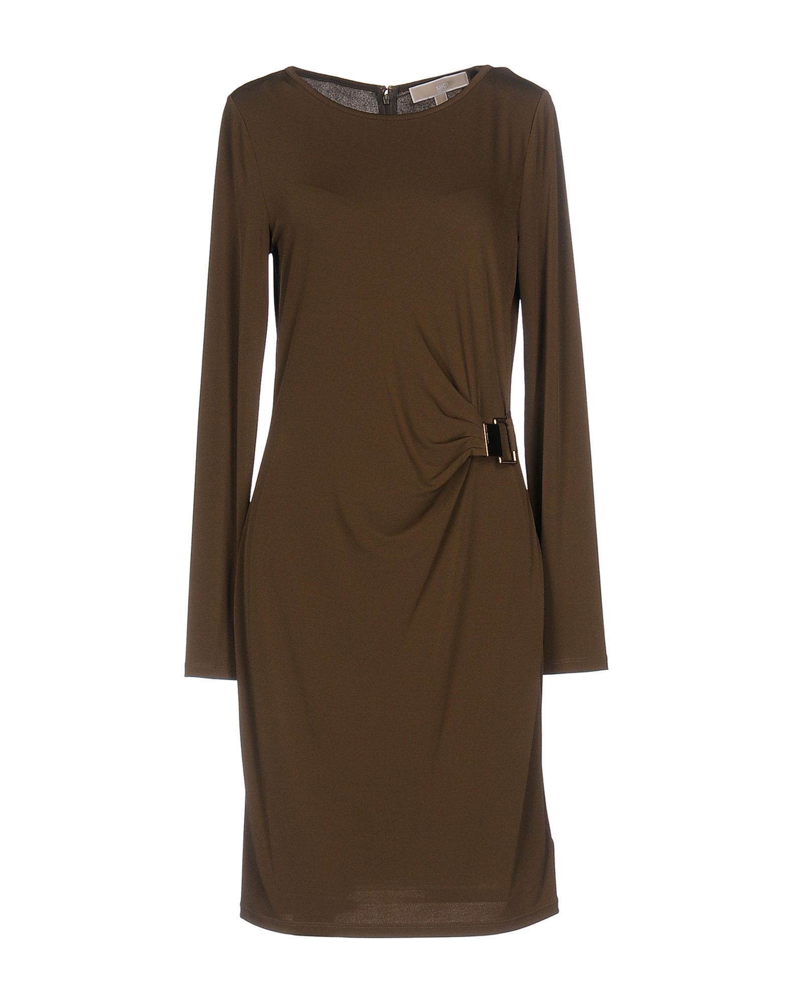 jersey, solid colour, long sleeves, round collar, pleated detailing, metal applications, no pockets, unlined, rear closure, zip closure, stretch, dress