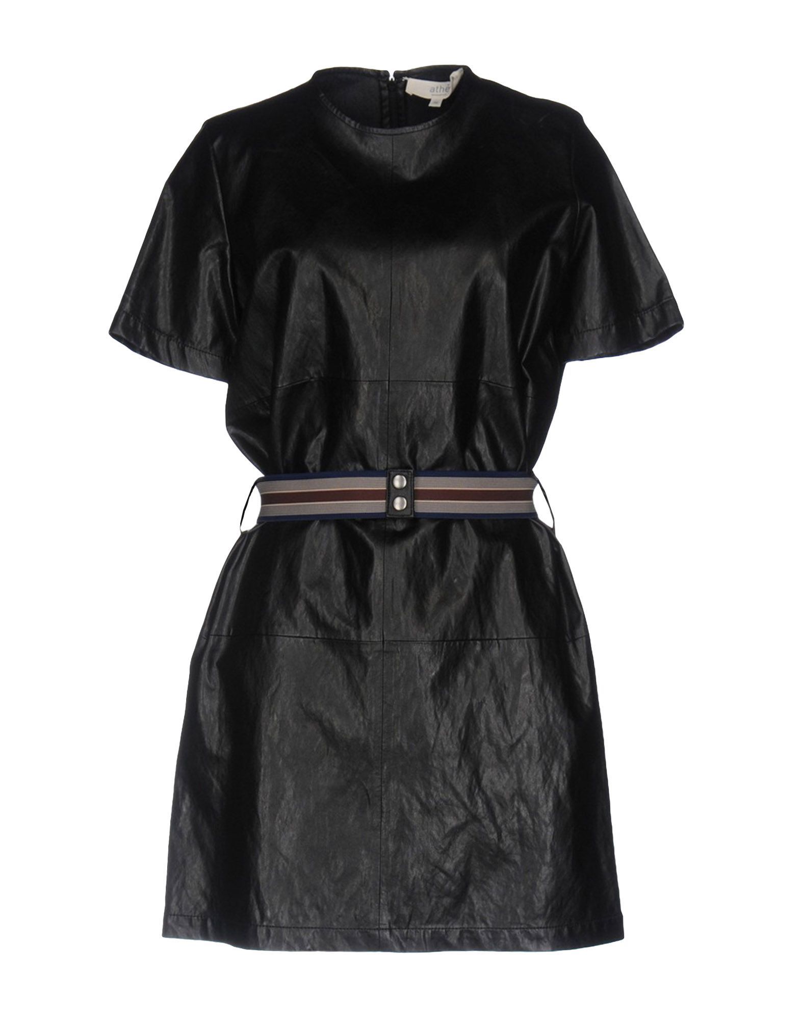 faux leather, belt, solid colour, short sleeves, no pockets, unlined, round collar, rear closure, zip closure, trapeze dress