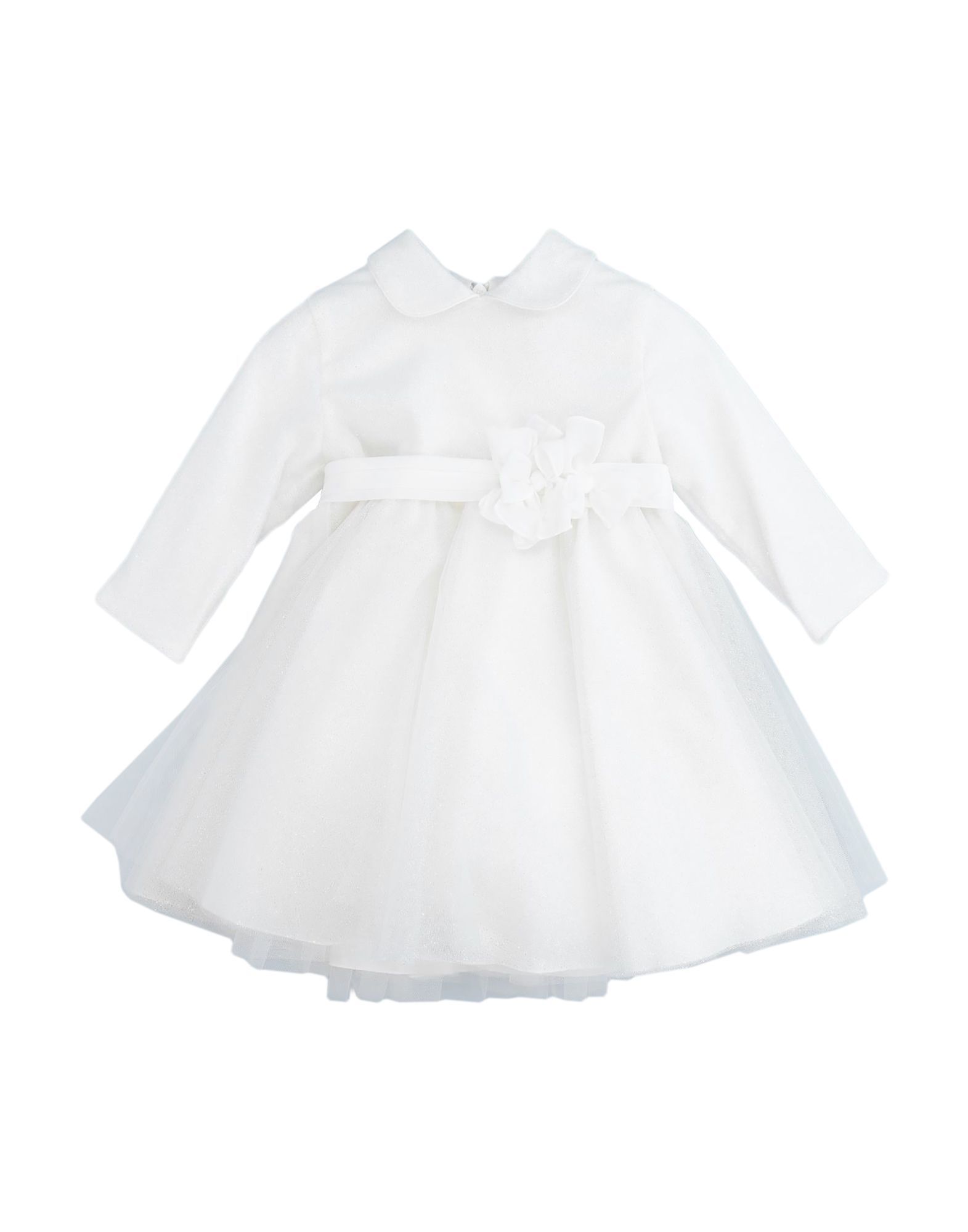 crepe, tulle, contrasting applications, solid colour, peter pan collar, long sleeves, zip, rear closure, fully lined, hand wash, dry cleanable, iron at 110° c max, bleachable, do not tumble dry