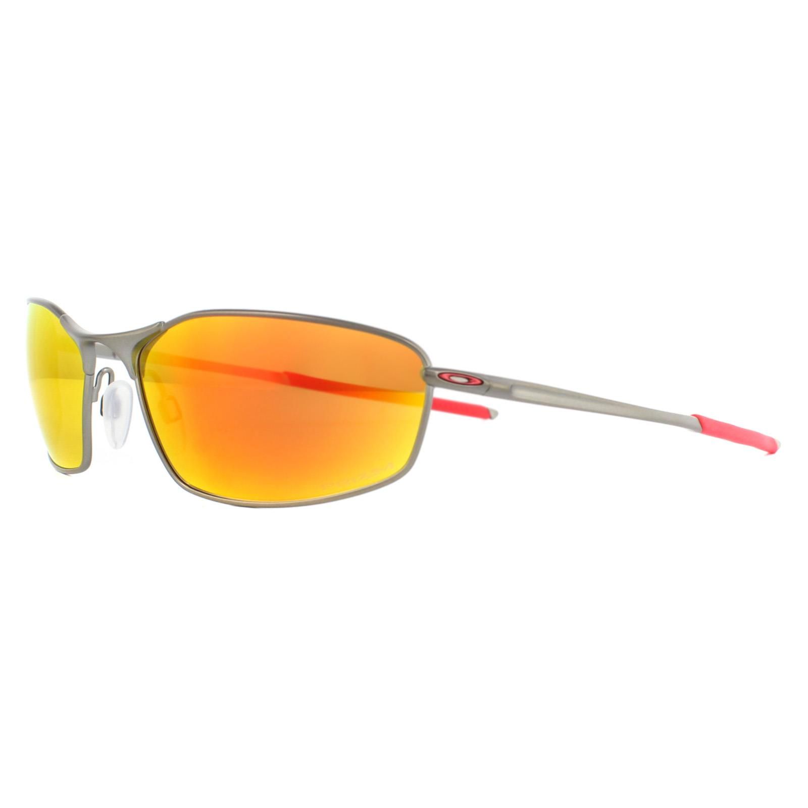 Oakley Sunglasses Whisker OO4141-02 Matte Gunmetal Prizm Ruby take inspiration from the original whisker with a thin, classic silhouette but revived with subtle sculptured designs, unobtainium ear socks. The ultralight C-5 metal ensures comfort and adjustable grip-fit nosepads provide an ideal fit.