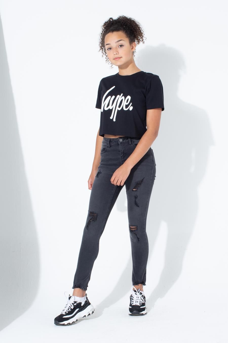 Hype Black White Script Kids Crop T-Shirt