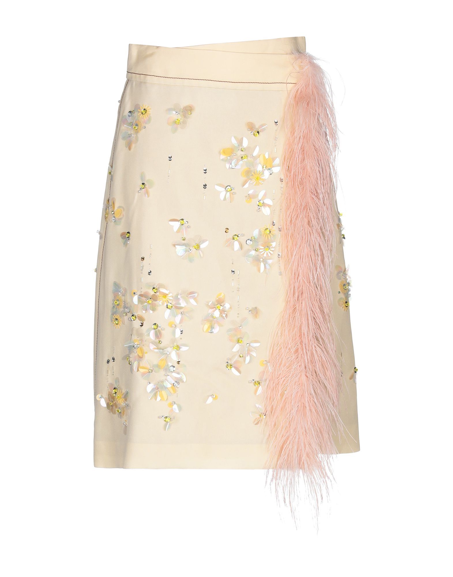 crepe, beaded, feathers, solid colour, front closure, snap button fastening, fully lined, contains non-textile parts of animal origin, wrap skirt