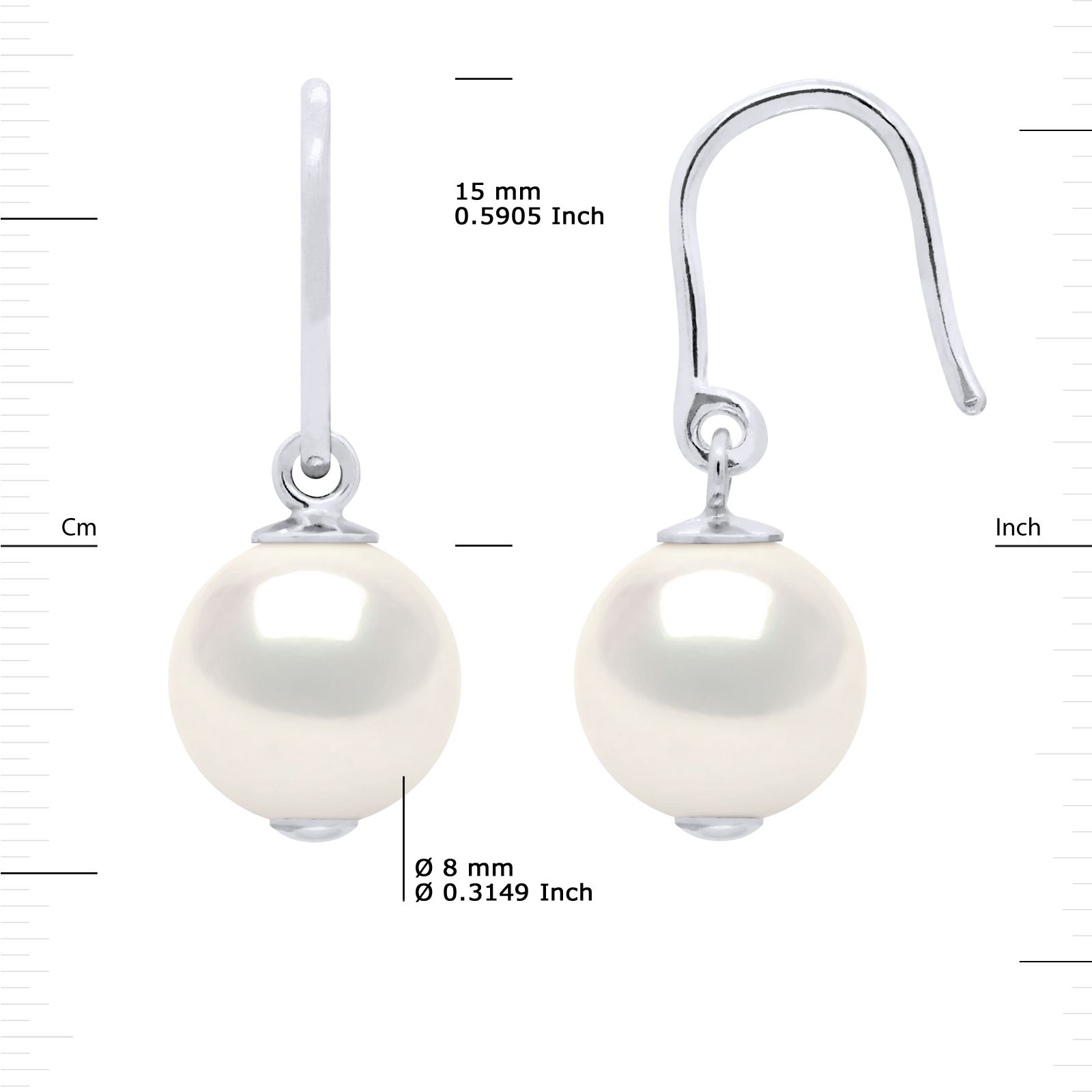 Earrings of 925 Sterling Silver and true Cultured Freshwater Pearls 8-9 mm , 0,31 in - Natural White Color and Hook system - Our jewellery is made in France and will be delivered in a gift box accompanied by a Certificate of Authenticity and International Warranty