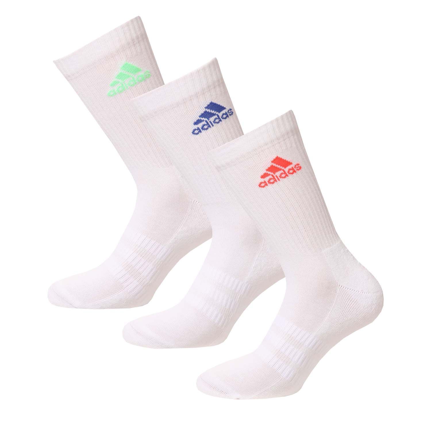 adidas 3 -Pack Cushioned Crew Socks in white.- Crew length.- Three pairs per pack.- Heel-to-toe cushioning.- Linked toe seam for a smooth feel.- Arch support.- Sock umbrella.- adidas branding.- 56% Cotton - 41% Polyester - 3% Elastane. Machine washable.- Ref: H27749