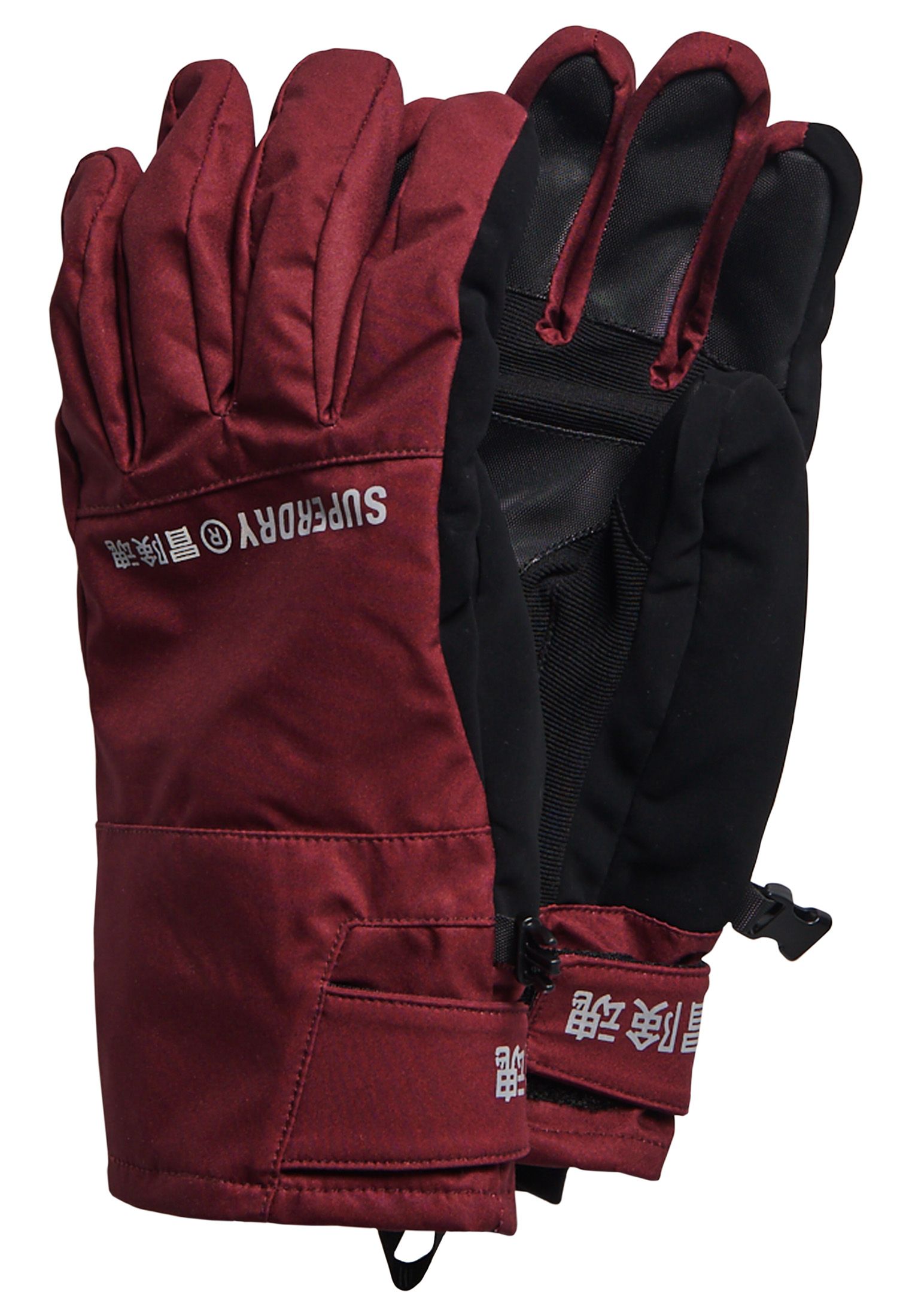 Essential for your ski trip, the Snow gloves are designed to keep you safe with reflective detailing enabling you to be visible at all times. Also, features is hook and loop adjuster cuffs designed to keep the snow out and your hands warm and toasty this season.Breathable 20k/MM - PRovides airflow comfort for very high-level activityWaterproof 20k/MM - Waterproof under high pressure, for heavy rain and wet snowAnti scuff detailing to palm and fingertipsAdjustable hook and loop cuffsSoft, padded liningClip fasteningReflective detailingPrinted Superdry logoSignature Japanese character