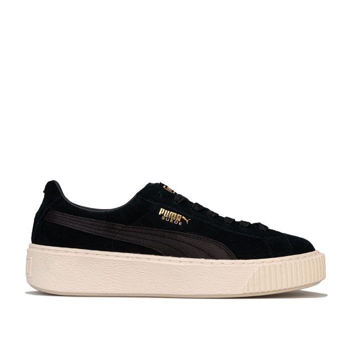 Womens Puma Suede Platform Mono Satin Trainers in Puma black - whisper white.<BR><BR>Puma’s iconic sneaker  updated with a thick platform sole.<BR>- Full suede upper.<BR>- Lace up fastening with comfortable flat laces.<BR>- Perforations to sides provide added breathablilty.<BR>- Padded collar and tongue.<BR>- Synthetic leather lining to heel.<BR>- Comfortable mesh lining.<BR>- Removable insole.<BR>- Platform rubber outsole with ridged tooling to front.<BR>- Foil print Puma branding to tongue  heel and side.<BR>- Satin Puma Formstrip to sides; satin heel insert.<BR>- Suede and textile upper  Textile and synthetic lining  Synthetic sole.<BR>- Ref: 365828-05