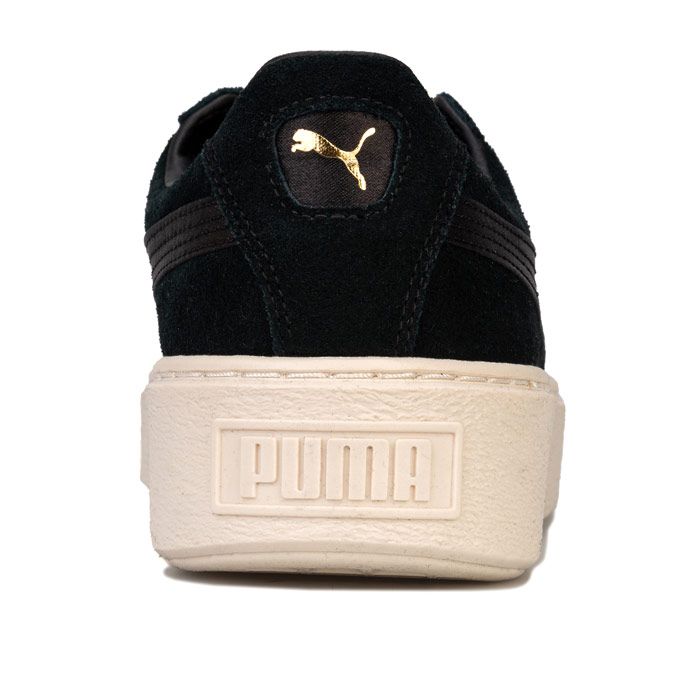 Womens Puma Suede Platform Mono Satin Trainers in Puma black - whisper white.<BR><BR>Puma’s iconic sneaker  updated with a thick platform sole.<BR>- Full suede upper.<BR>- Lace up fastening with comfortable flat laces.<BR>- Perforations to sides provide added breathablilty.<BR>- Padded collar and tongue.<BR>- Synthetic leather lining to heel.<BR>- Comfortable mesh lining.<BR>- Removable insole.<BR>- Platform rubber outsole with ridged tooling to front.<BR>- Foil print Puma branding to tongue  heel and side.<BR>- Satin Puma Formstrip to sides; satin heel insert.<BR>- Suede and textile upper  Textile and synthetic lining  Synthetic sole.<BR>- Ref: 365828-05