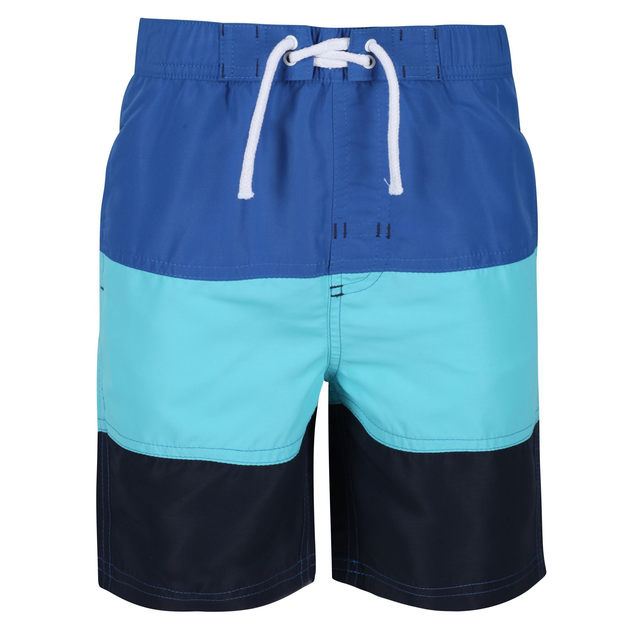 Material: 100% Polyester Taslan fabric. Hard-wearing, long-length board shorts with a elasticated waist and fixed drawcord detail. Quick drying fabric shorts with mesh brief liner. 2 side pockets and 1 back pocket.