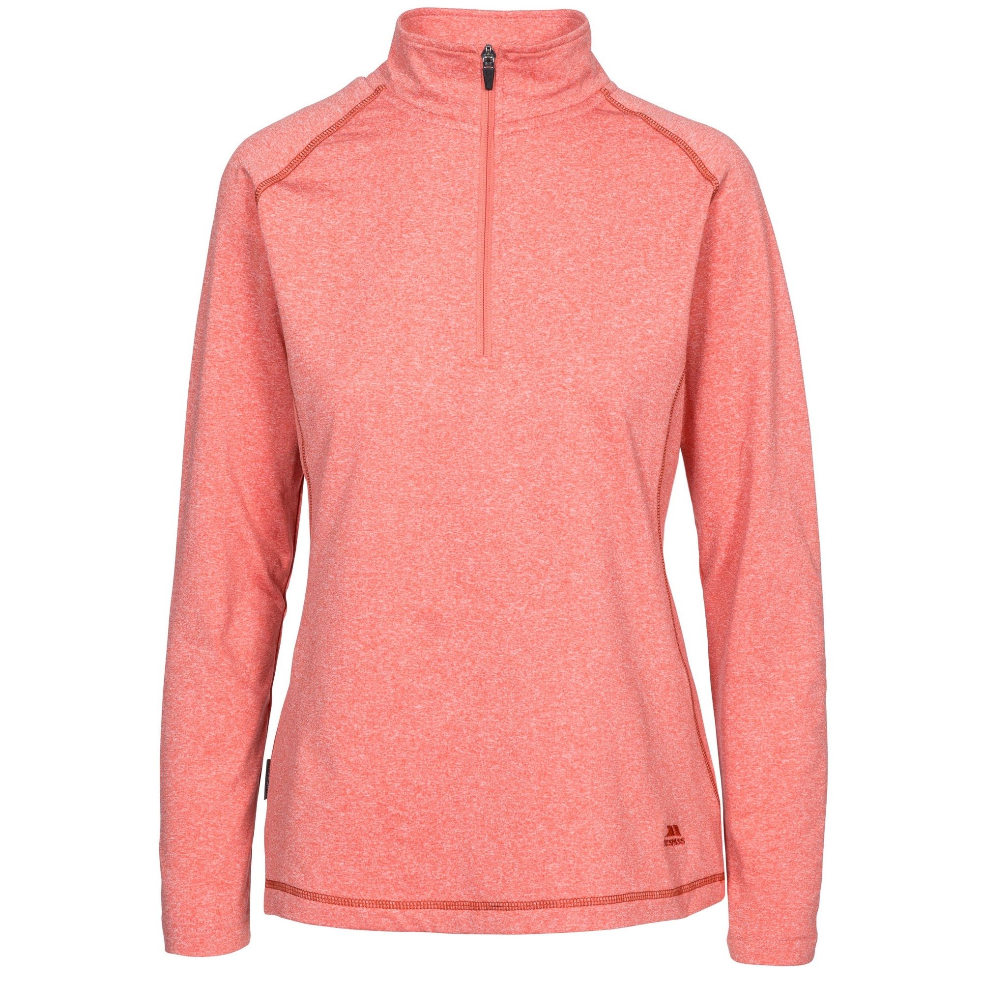 Long sleeved top with melange and brushed back. 1/2 zip neck. Flat cuff. Quick dry. 225gsm. 95% polyester, 5% elastane. Trespass Womens Chest Sizing (approx): XS/8 - 32in/81cm, S/10 - 34in/86cm, M/12 - 36in/91.4cm, L/14 - 38in/96.5cm, XL/16 - 40in/101.5cm, XXL/18 - 42in/106.5cm.