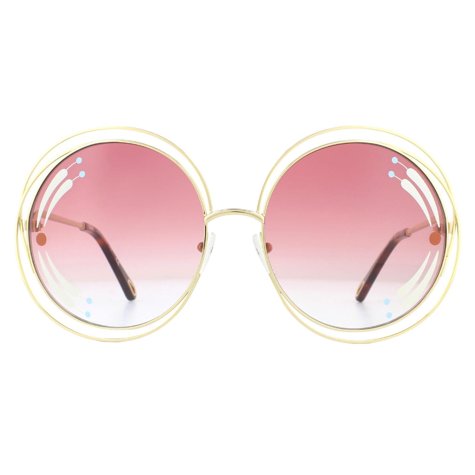 Chloe Sunglasses Carlina CE114SRI 835 Gold Havana Burgundy Gradient are an oversized round style with a sculptural wired frame, embellished lenses and temples etched with the Chloe logo.