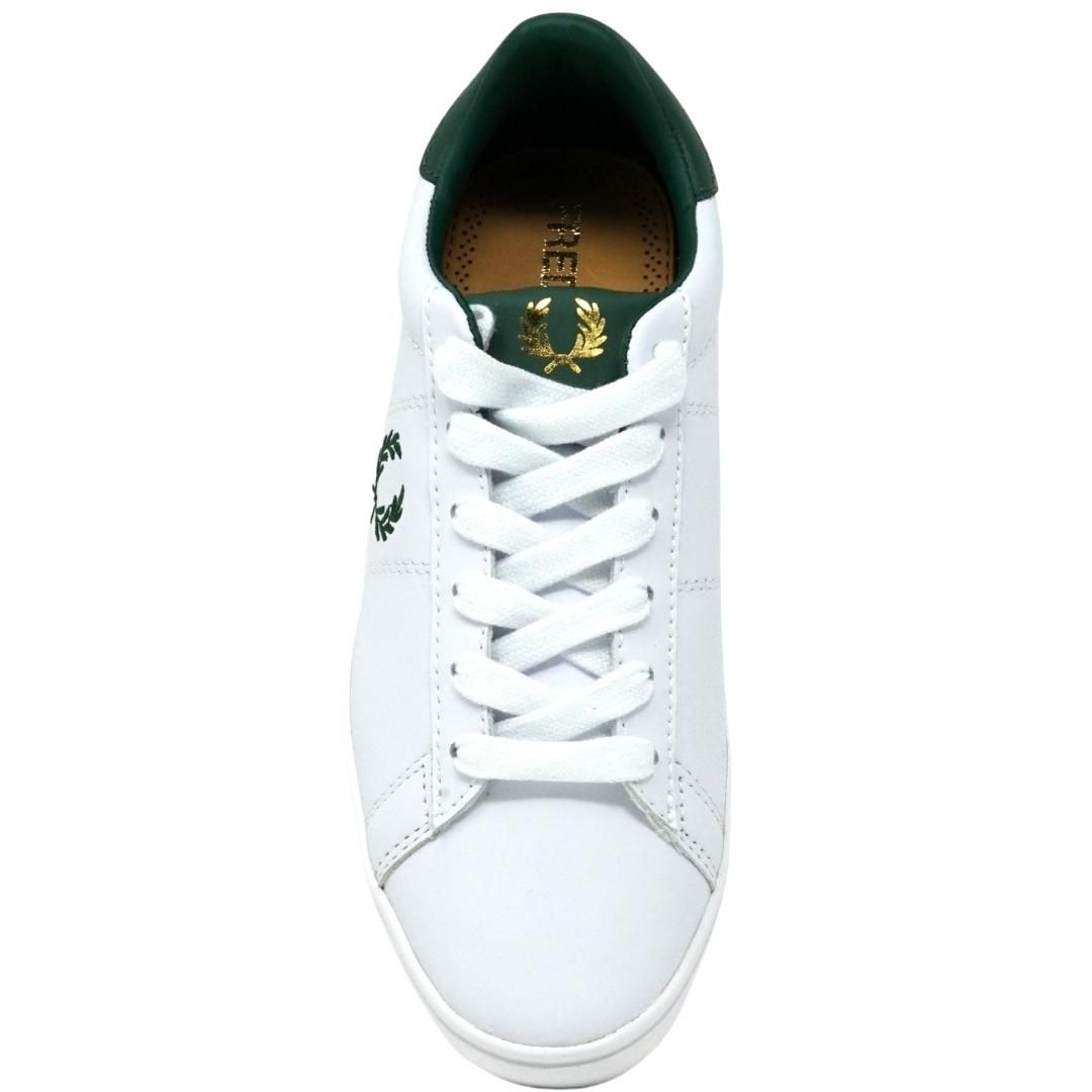 Fred Perry Spencer Leather B8250 100 White Trainers. Fred Perry White Shoes. Style: B8250 100. 100% Leather. Lace Fasten Trainers. Branded Badge On Side Of Shoe