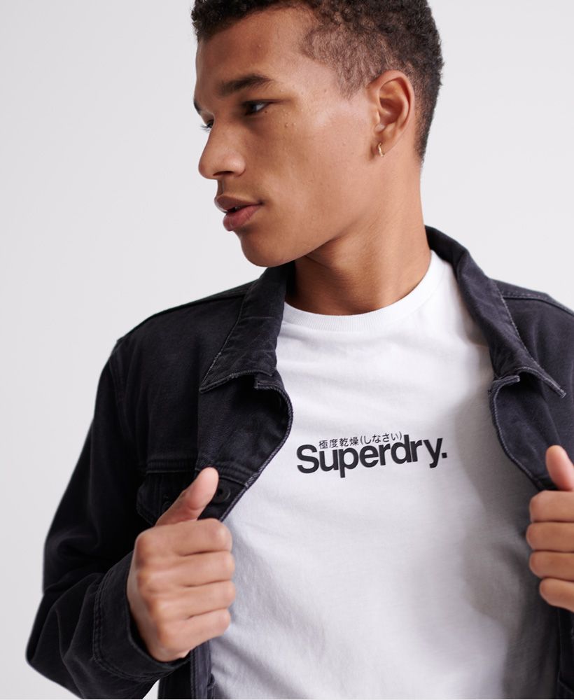 Superdry men's Core Logo essential t-shirt. Update your basics with this classic tee featuring a ribbed crew neck, short sleeves and a textured Superdry logo across the chest. The Core Logo essential t-shirt would look great layered over a long sleeved top and paired with jeans and trainers to complete the look this season.Slim fit – designed to fit closer to the body for a more tailored look