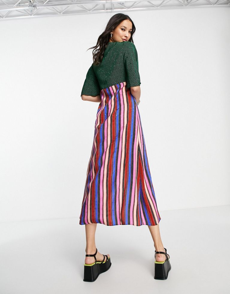 mix and match stripe angel sleeve midi dress in multi