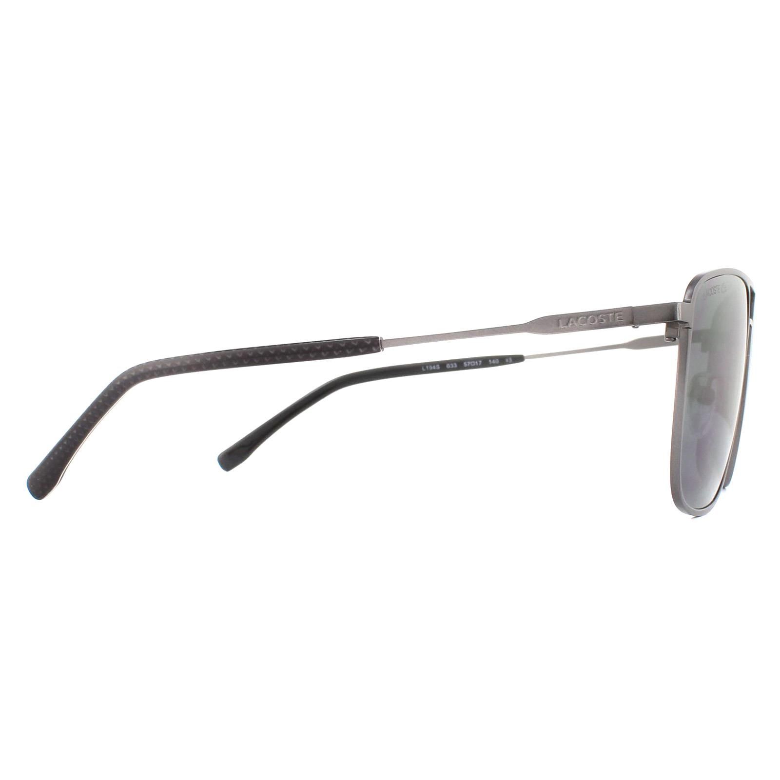 Lacoste Sunglasses L194S 033 Matte Gunmetal Grey are a squared off aviator style with a flat look to the front and lettered Lacoste logo at the temples.