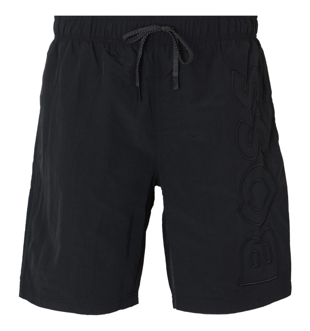 Swim in style this season with BOSS bodywear. These sporty swim shorts are crafted from a quick drying nylon fabric with a mesh lining for extra support. Featuring an elasticated drawstring waist, twin side seam pockets and a rear welt pocket. Finished with a large BOSS logo embroidered to the left leg.\nRegular Fit, Quick Dry Nylon, Elasticated Drawstring Waist, Twin Side Seam Pockets, Rear Welt Pocket,