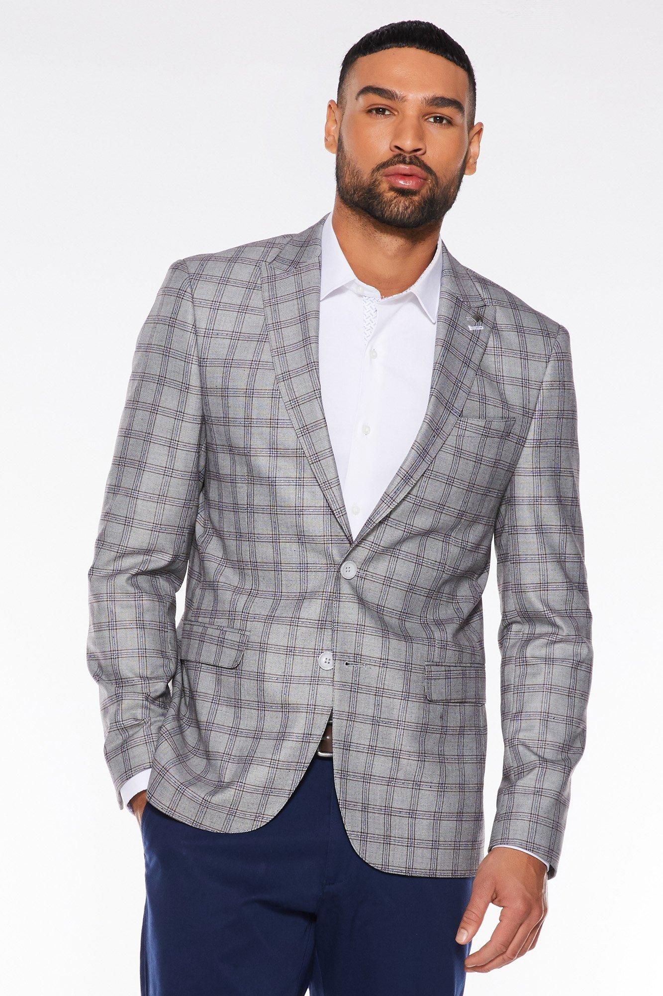 Grey Check Pattern  	Double Button Fastening  	Double Vented Back  	Functional Side Pockets  	Internal Pockets  	Pocket Square  	Lined with Internal Pockets