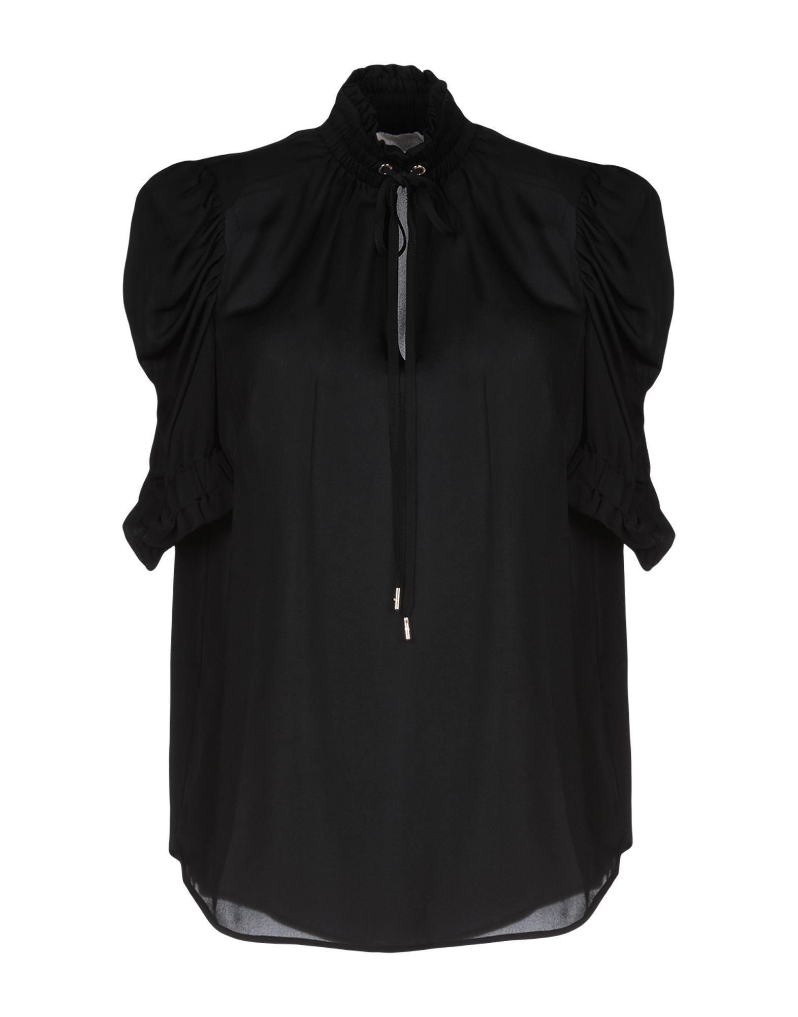 crepe, frills, basic solid colour, short sleeves, bow collar, no pockets