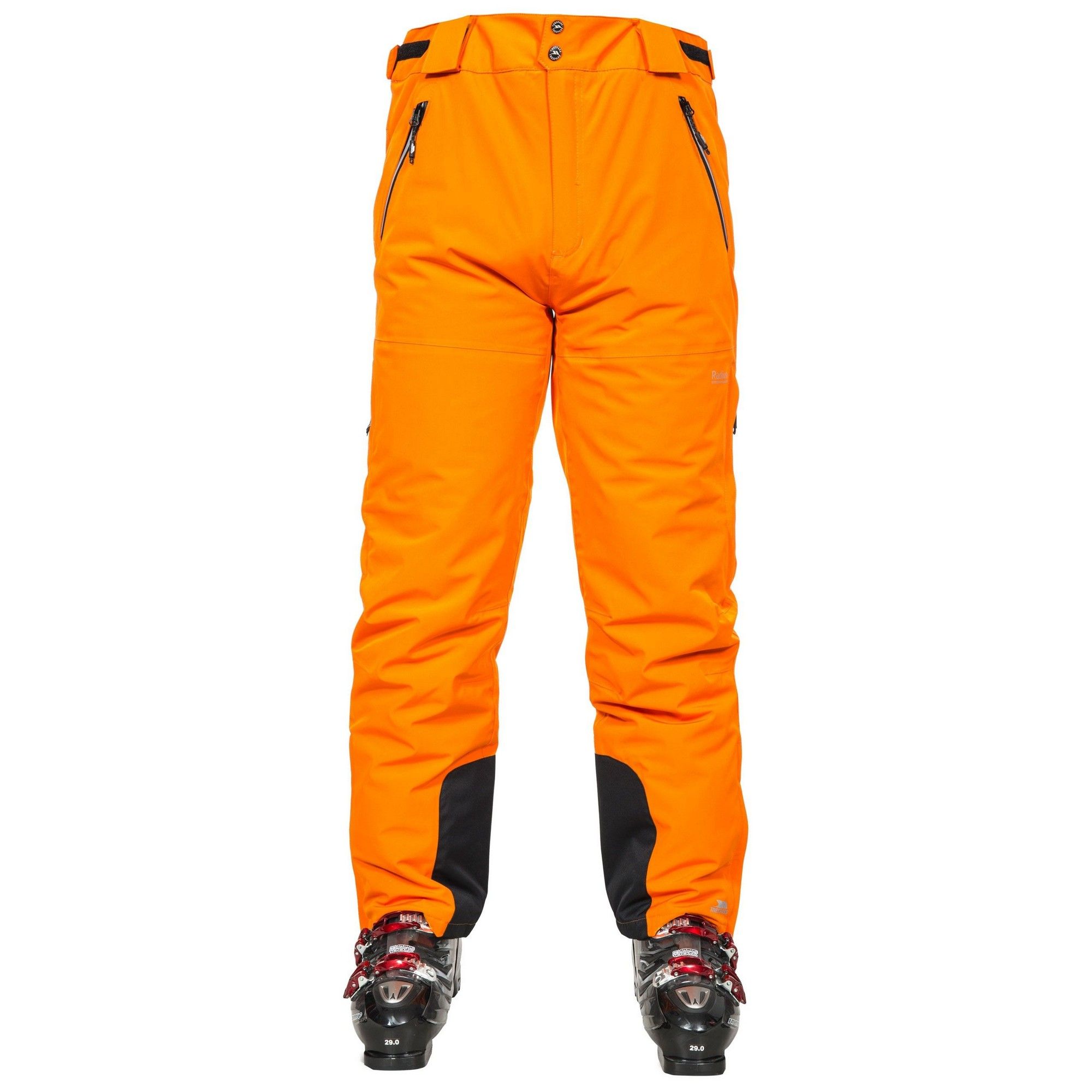 Lightly padded. Microfleece at seat and knees. 3 water repellent zip pockets. Detachable braces. Side leg ventilation zips. Side leg ankle zip with facing. Ankle gaiters. Articulated knees. Slim fit. Waterproof 10000mm, breathable 70000mvp, windproof, taped seams, Recco. Shell: 92% Polyester/8% Elastane, Lining: 100% Polyester, Filling: 100% Polyester. Trespass Mens Waist Sizing (approx): S - 32in/81cm, M - 34in/86cm, L - 36in/91.5cm, XL - 38in/96.5cm, XXL - 40in/101.5cm, 3XL - 42in/106.5cm.