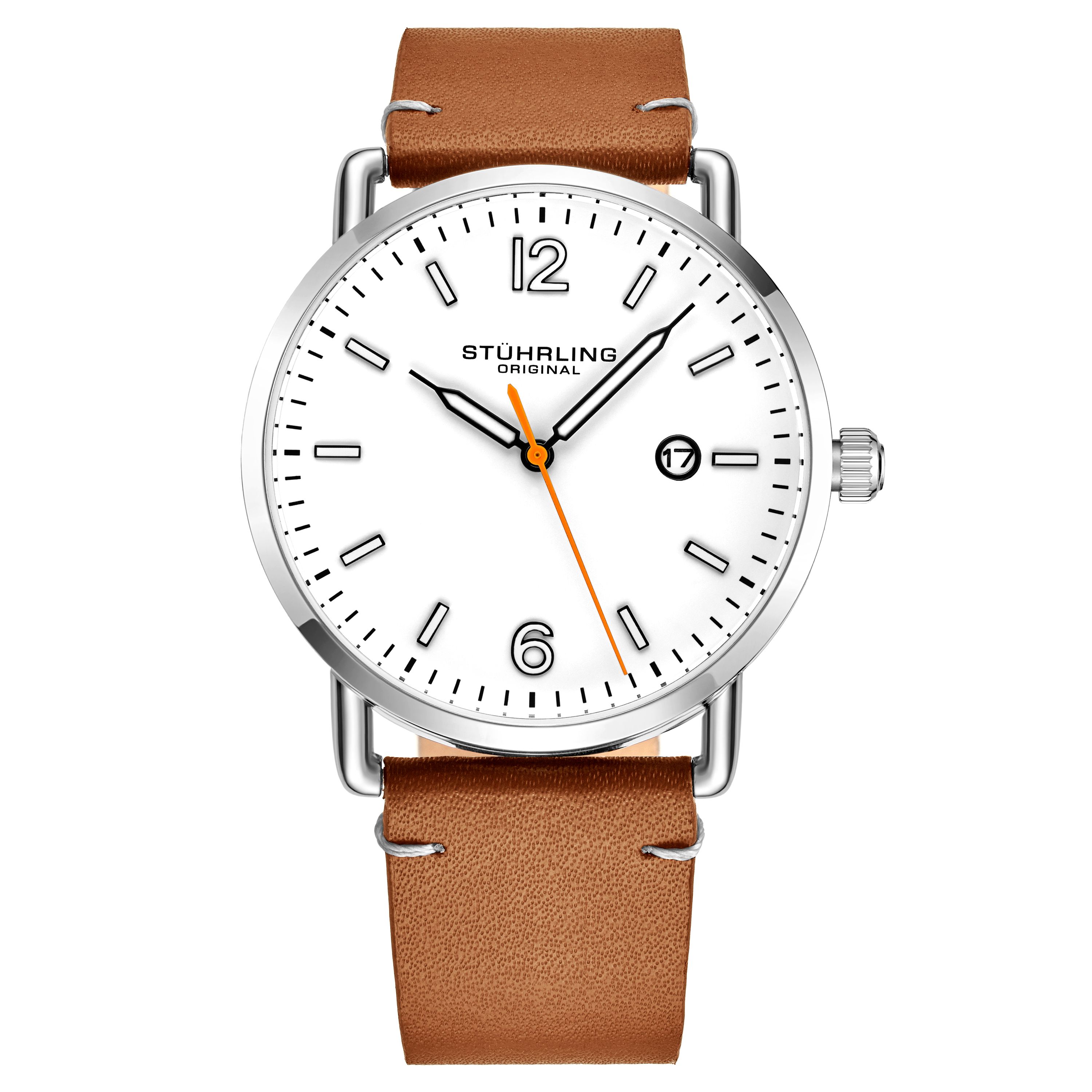 Men's Quartz Silver Case, White Dial With Orange Accent, Black Luminous Hands And Markers, Light Brown Leather Strap Watch