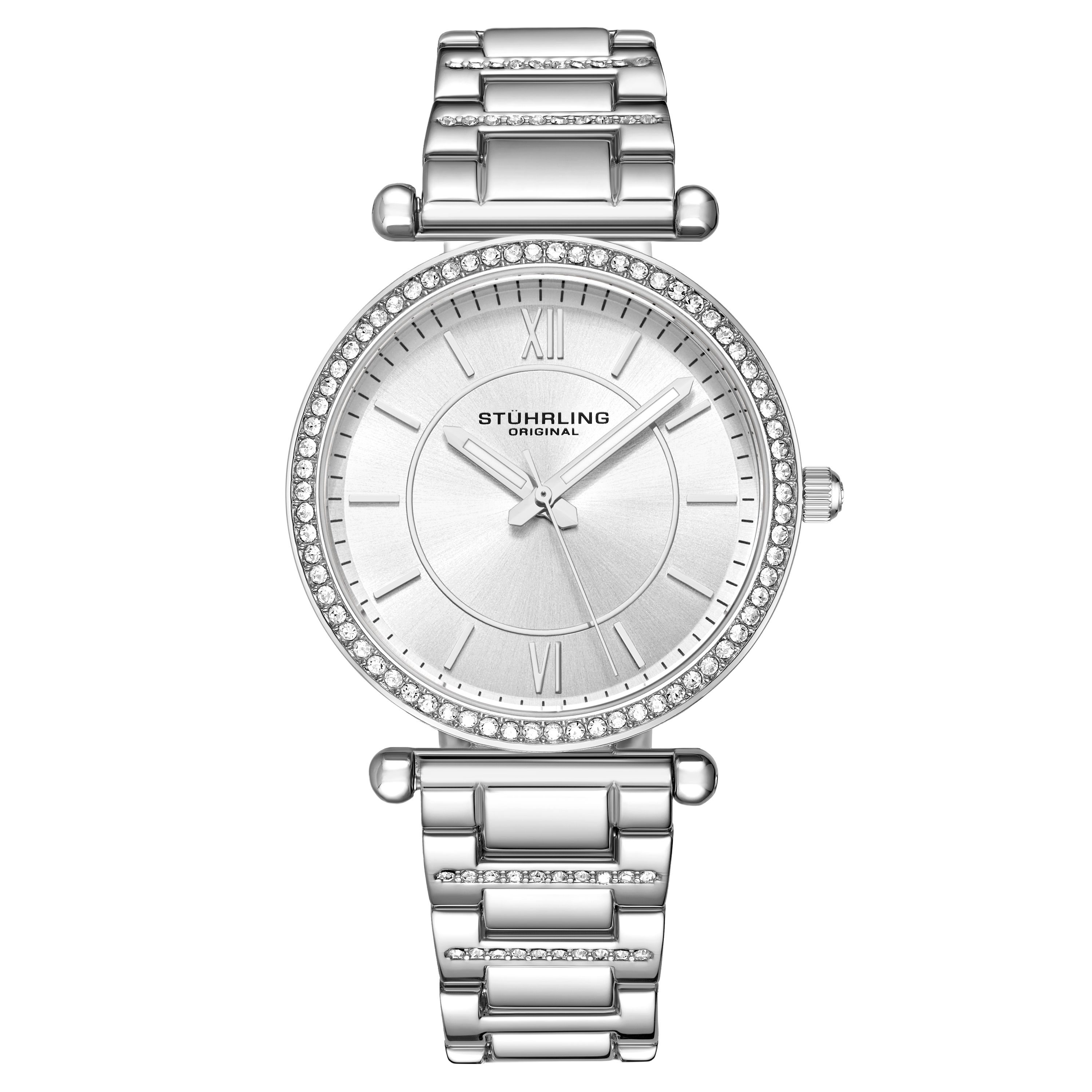 Women's Quartz Crystal Studded Silver Case and Bracelet, Silver Dial, Silver Hands and Markers Watch