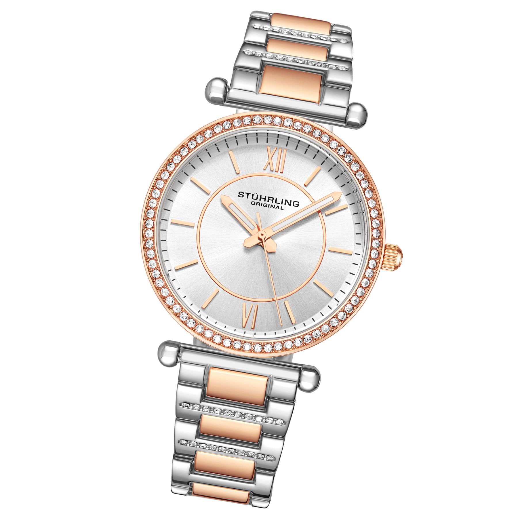 Women's Quartz Crystal Studded Rose Case and Bracelet, Silver Dial, Rose Hands and Markers Watch