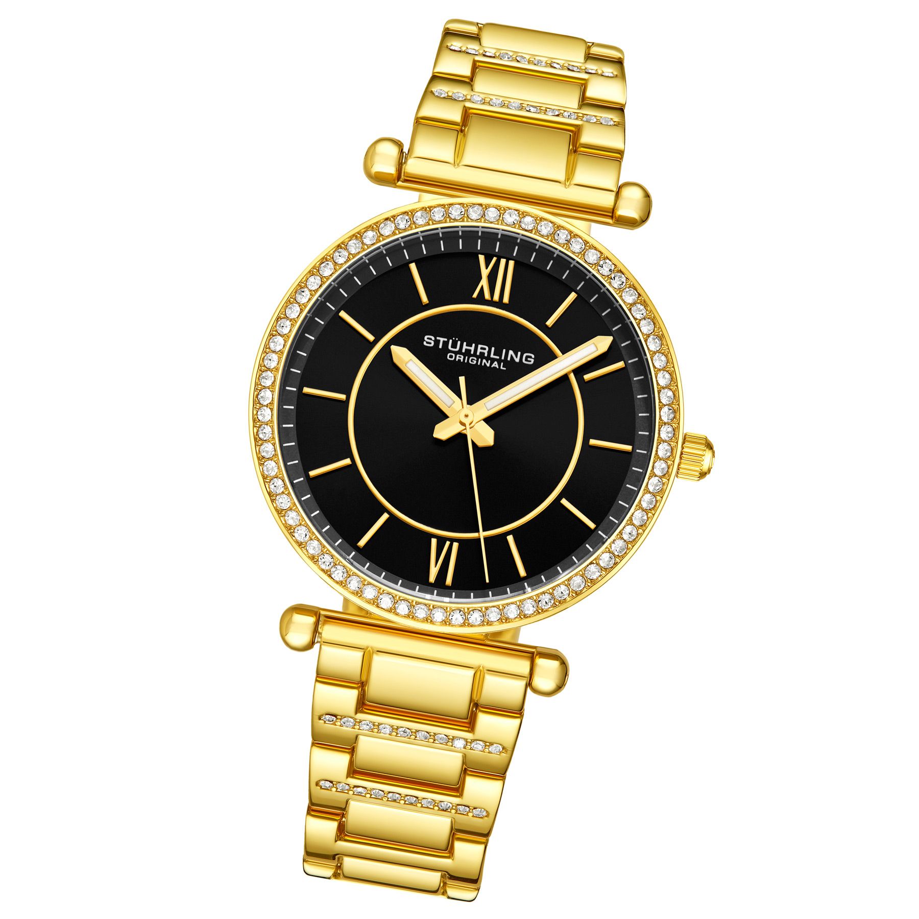 Women's Quartz Crystal Studded Gold-tone Case and Bracelet, Black Dial, Gold-tone Hands and Markers Watch