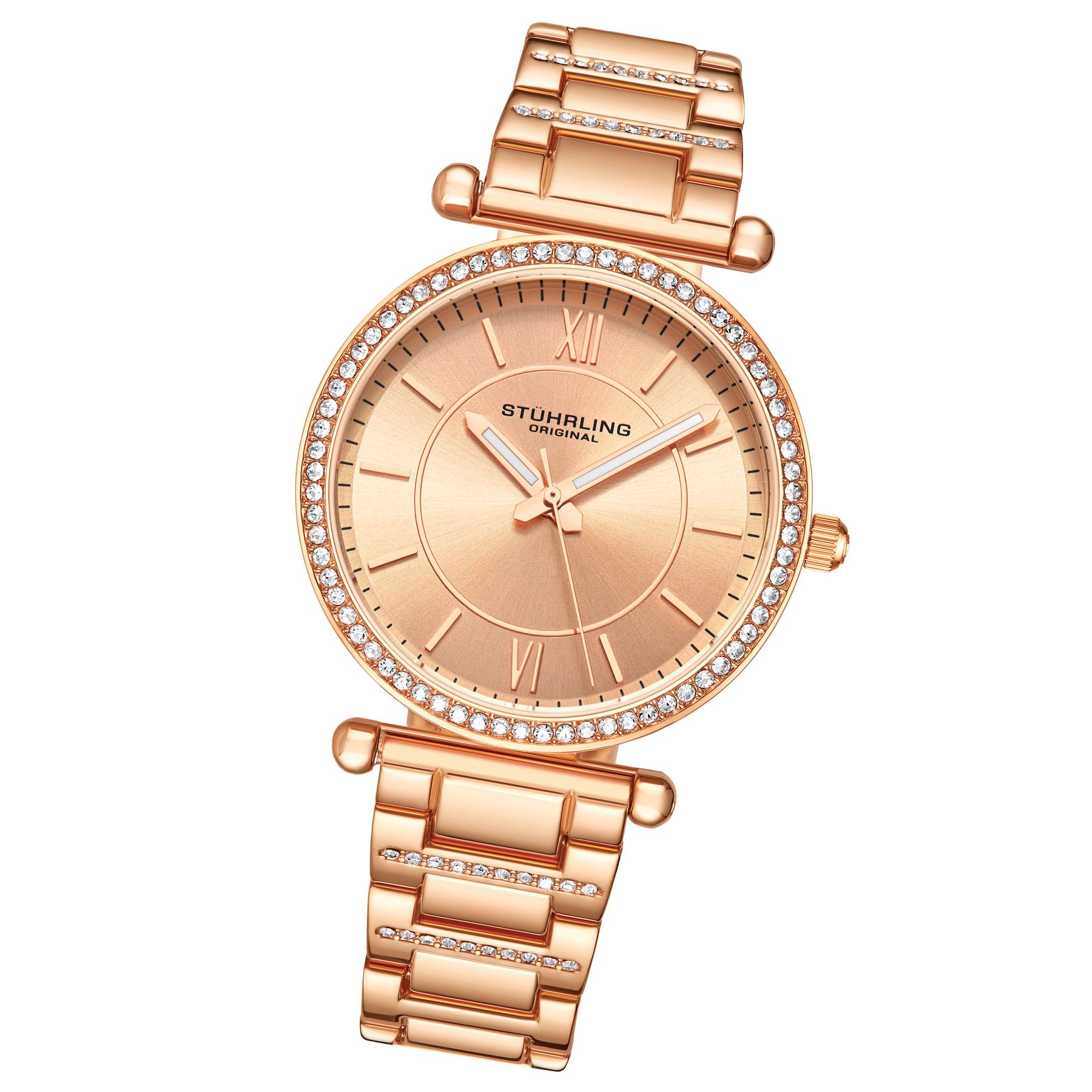 Women's Quartz Crystal Studded Rose Case and Bracelet, Rose Dial, Rose Hands and Markers Watch