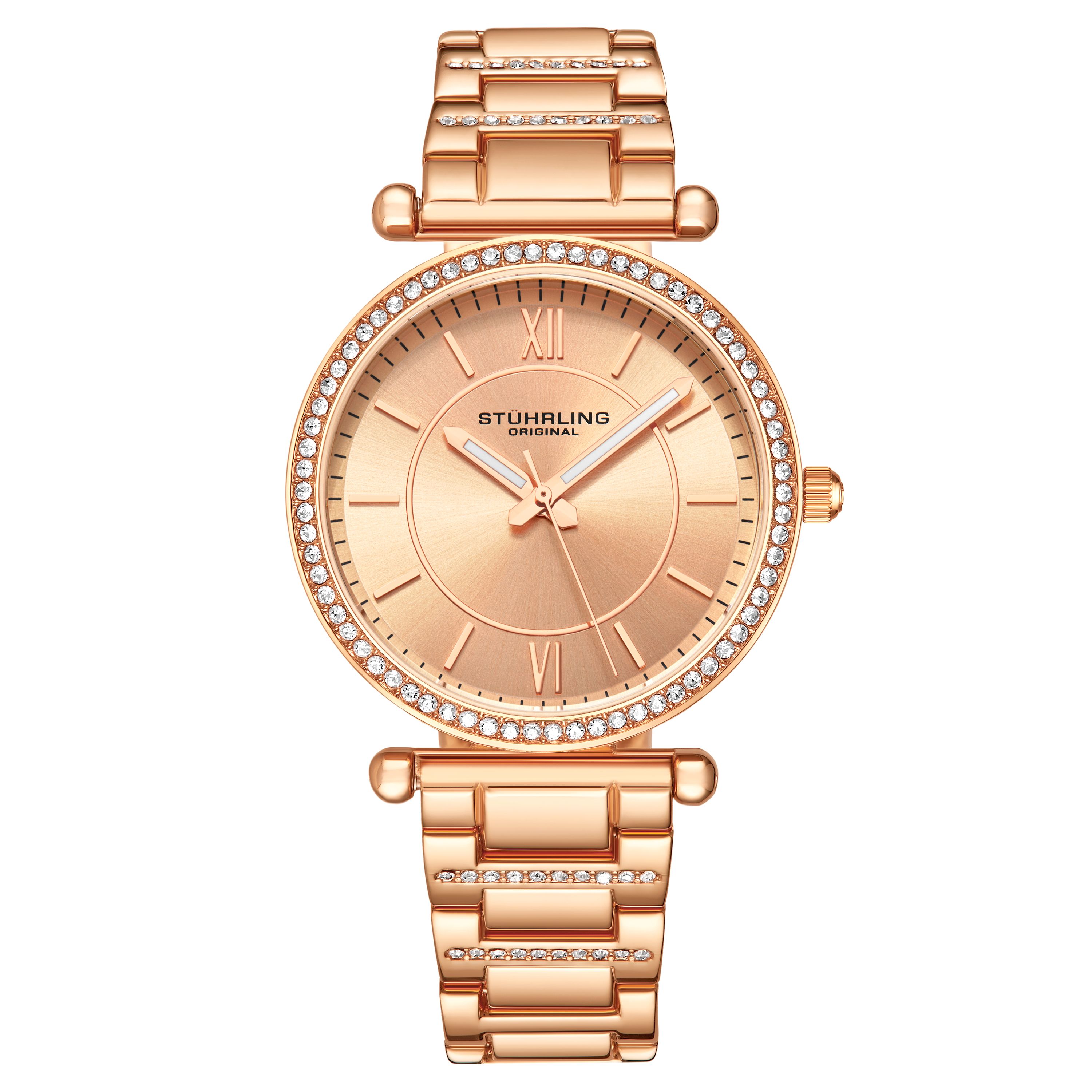 Women's Quartz Crystal Studded Rose Case and Bracelet, Rose Dial, Rose Hands and Markers Watch