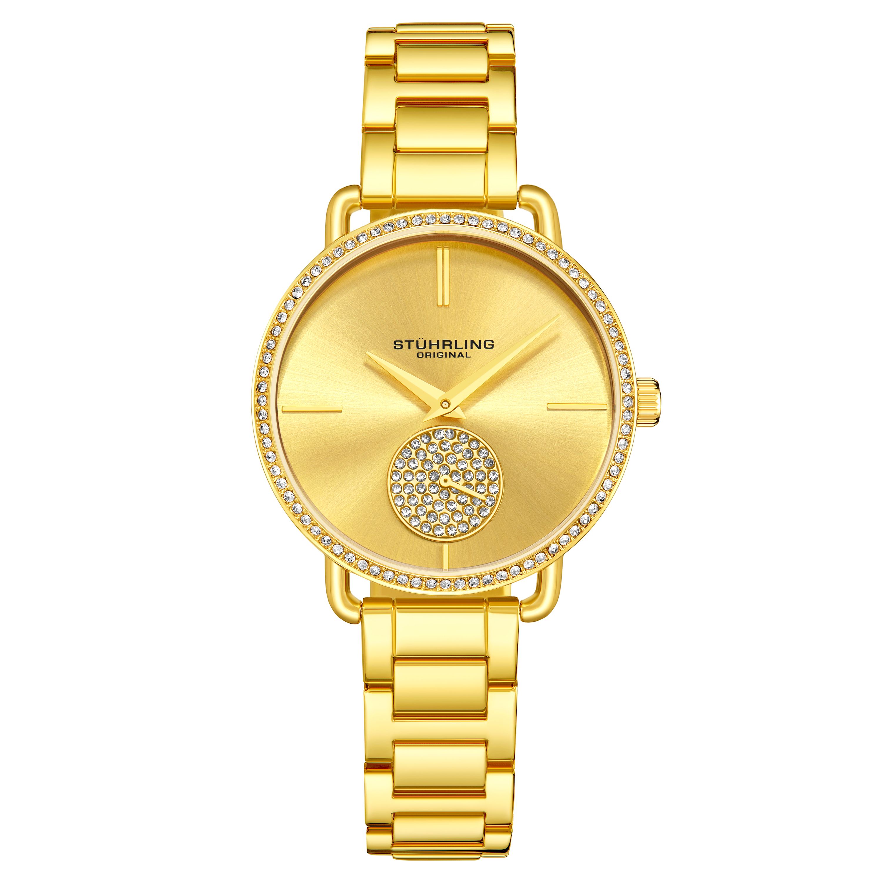 Women's Gold-tone Case and Bracelet, Crystal Studded Gold Dial Watch