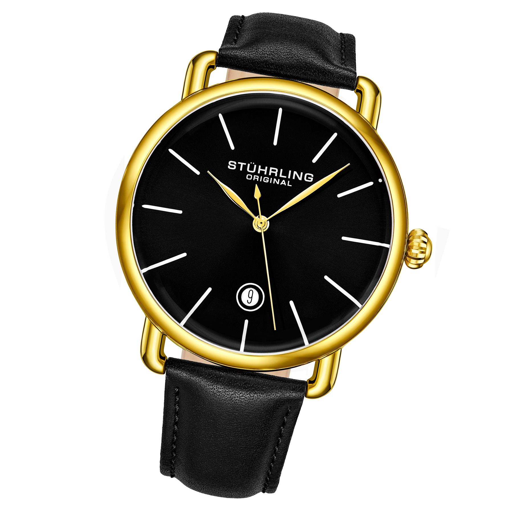 Men's Quartz Gold Toned Case, Black Dial, Gold Toned Hands, Silver Markers, Black Genuine Leather Strap Watch