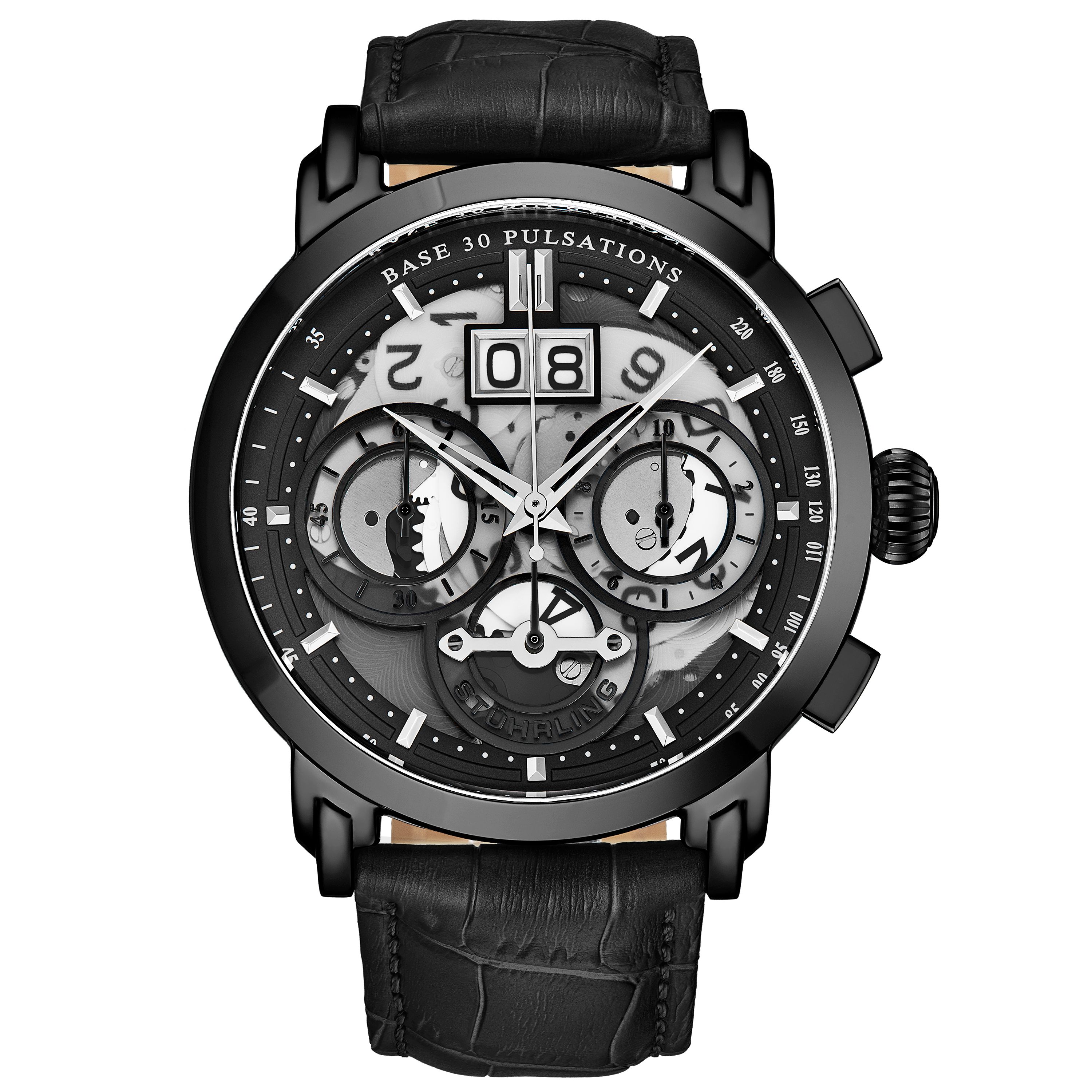 Men's Chrono SS Black Case, Black Bezel, Grey and Black Dial, Grey Hands and Markers, Black Alligator Embossed Genuine Leather Strap Watch