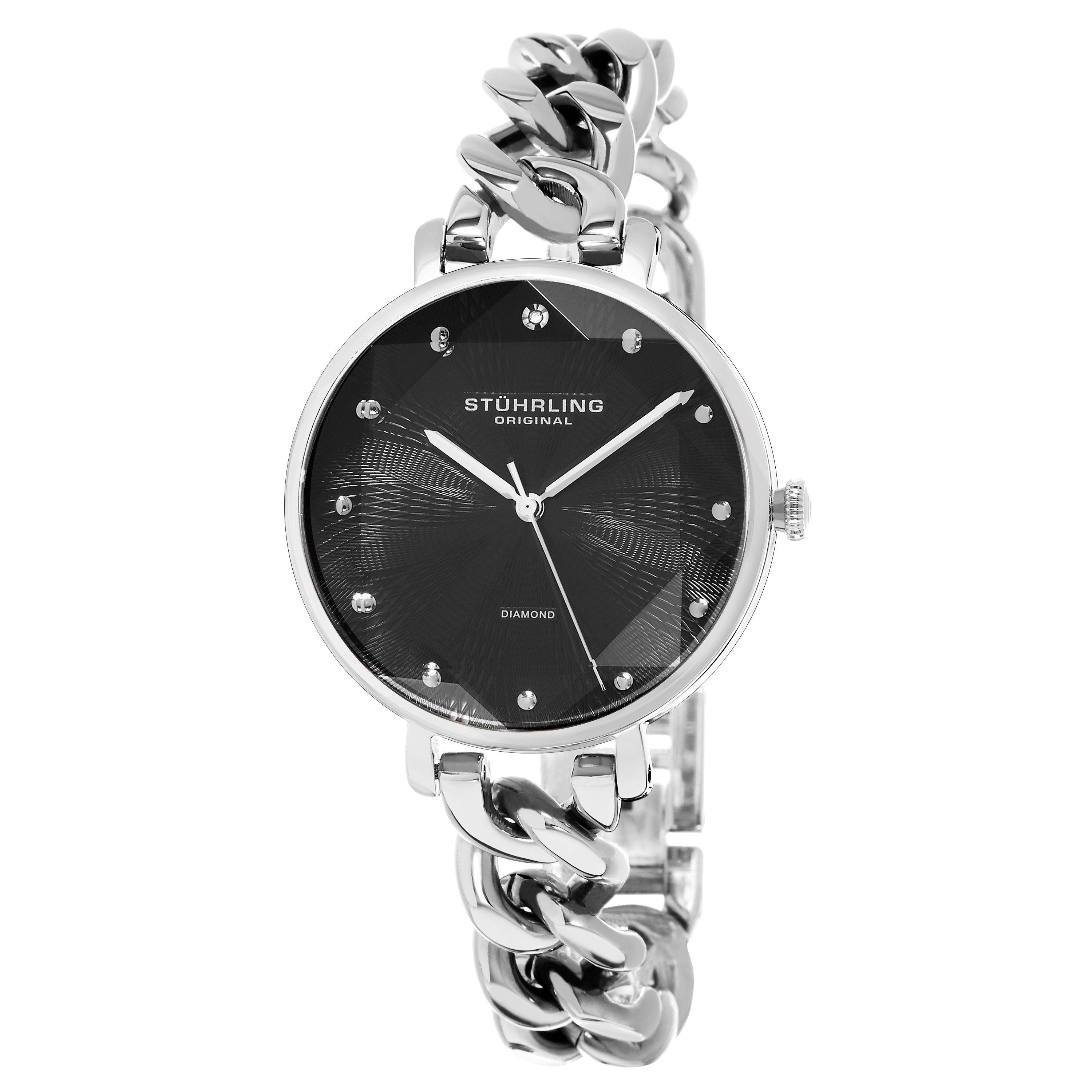Women's Quartz Silver Case, Faceted Crystal, Black Dial with Diamond Accents, Silver Link Chain Bracelet Watch