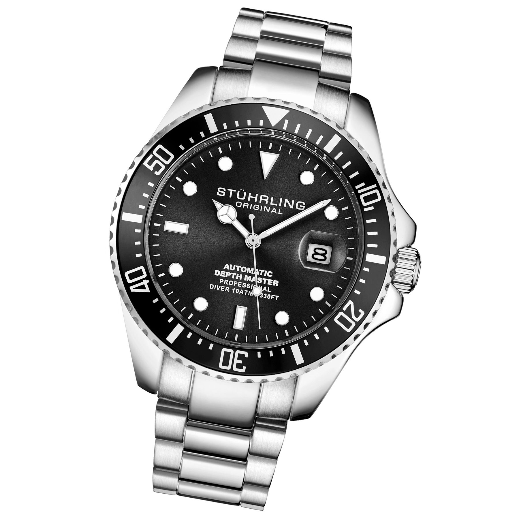 Men's Automatic Diver Watch, Silver Case, Black Dial, Silver Stainless Steel Bracelet