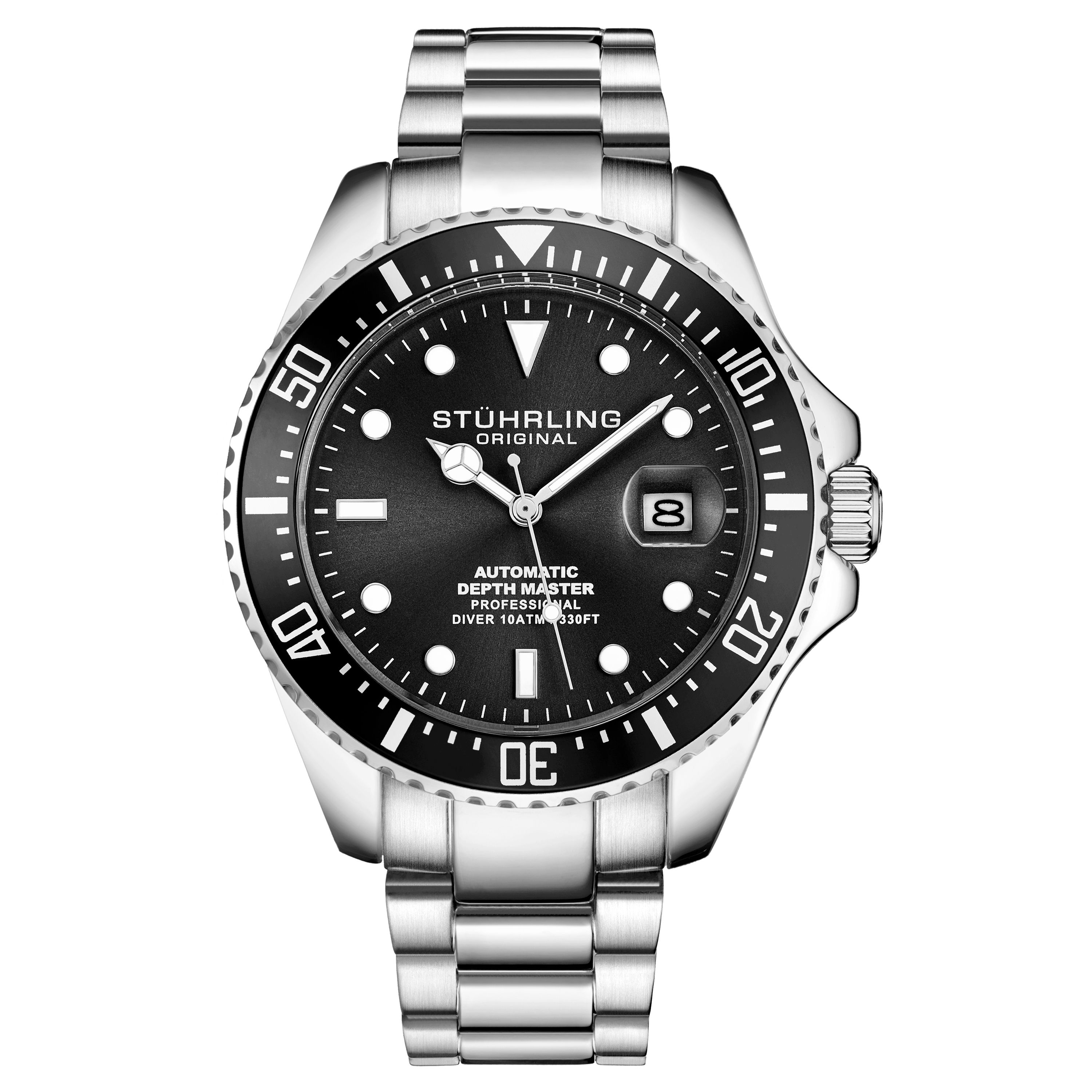 Men's Automatic Diver Watch, Silver Case, Black Dial, Silver Stainless Steel Bracelet