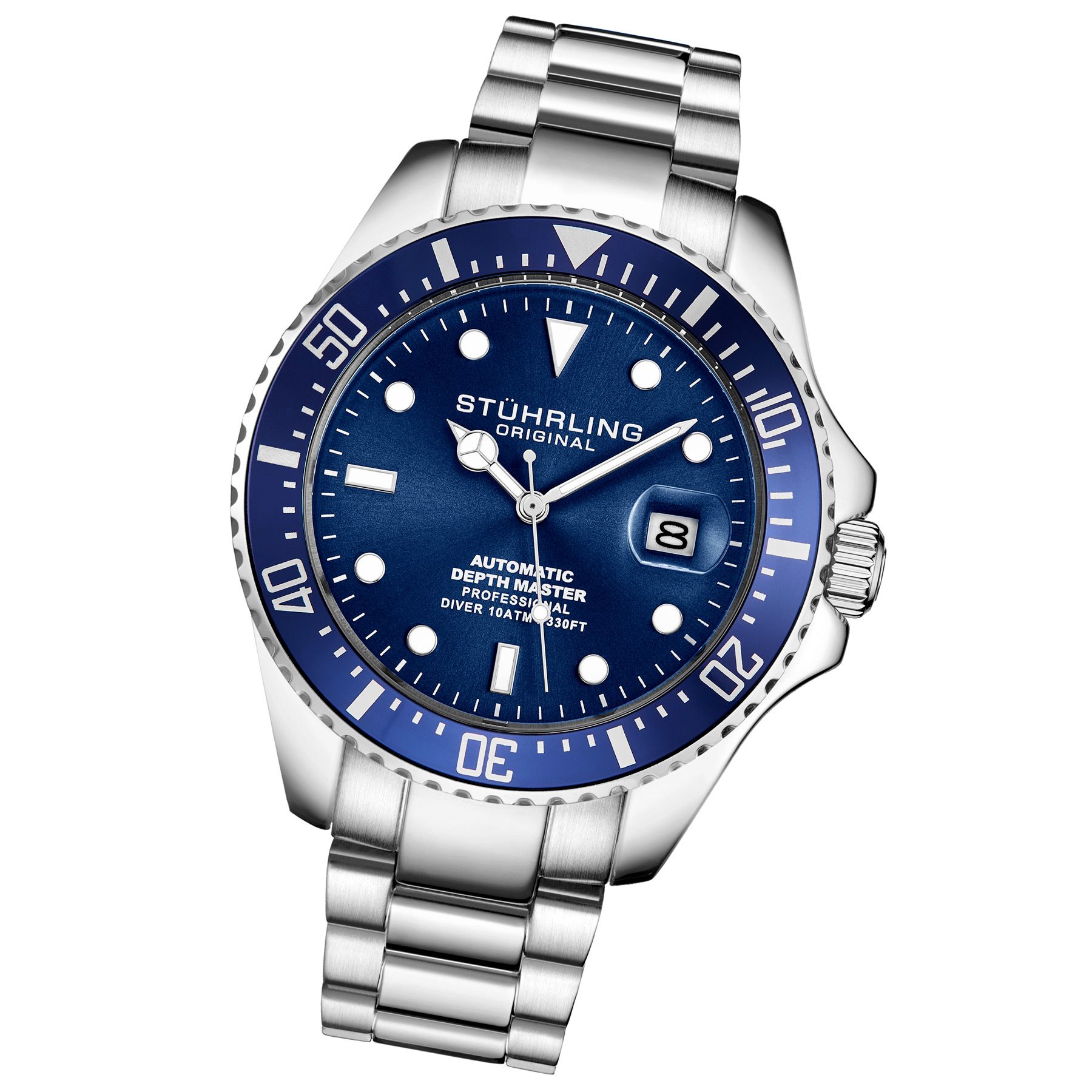 Men's Automatic Diver Watch, Silver Case, Blue Dial, Silver Stainless Steel Bracelet