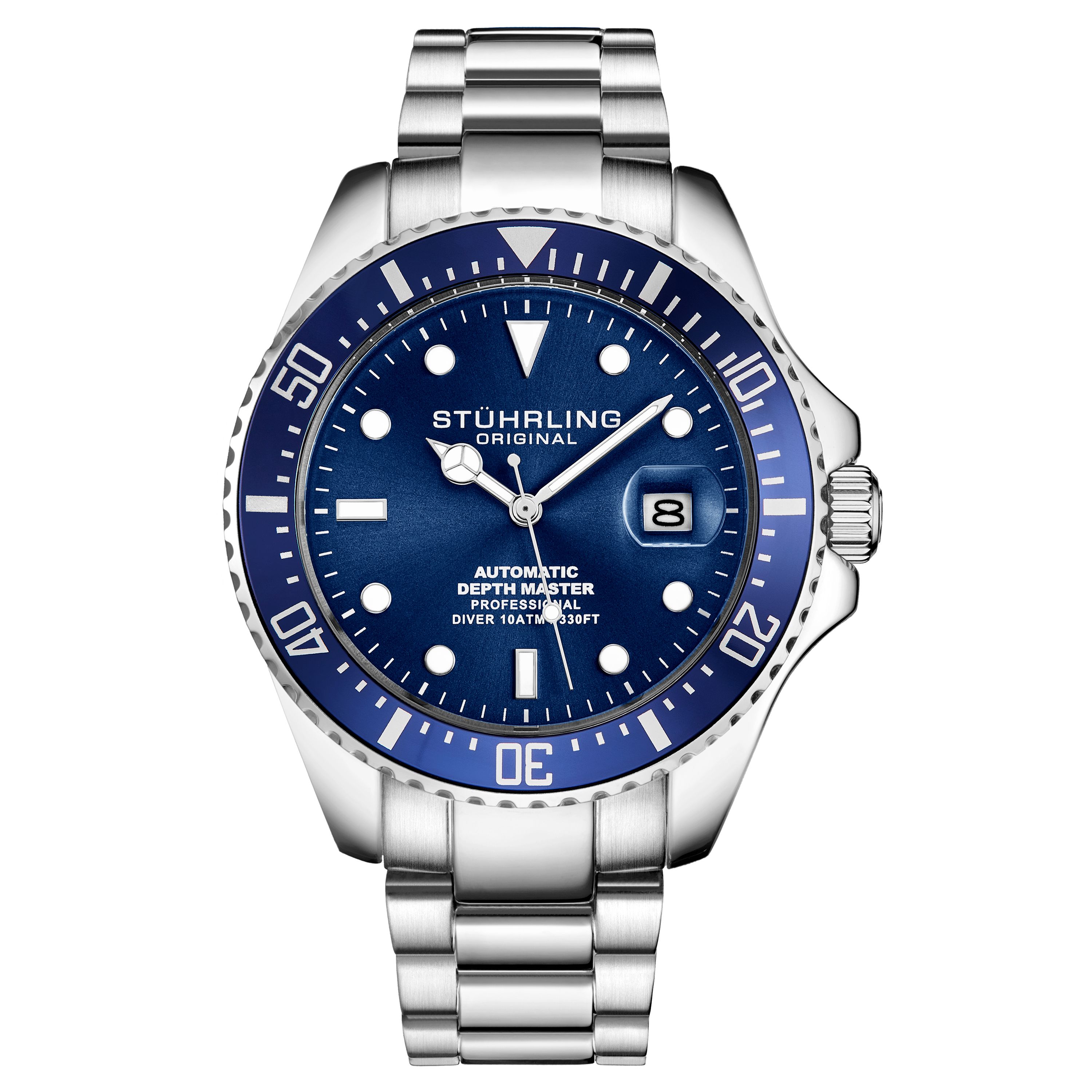 Men's Automatic Diver Watch, Silver Case, Blue Dial, Silver Stainless Steel Bracelet