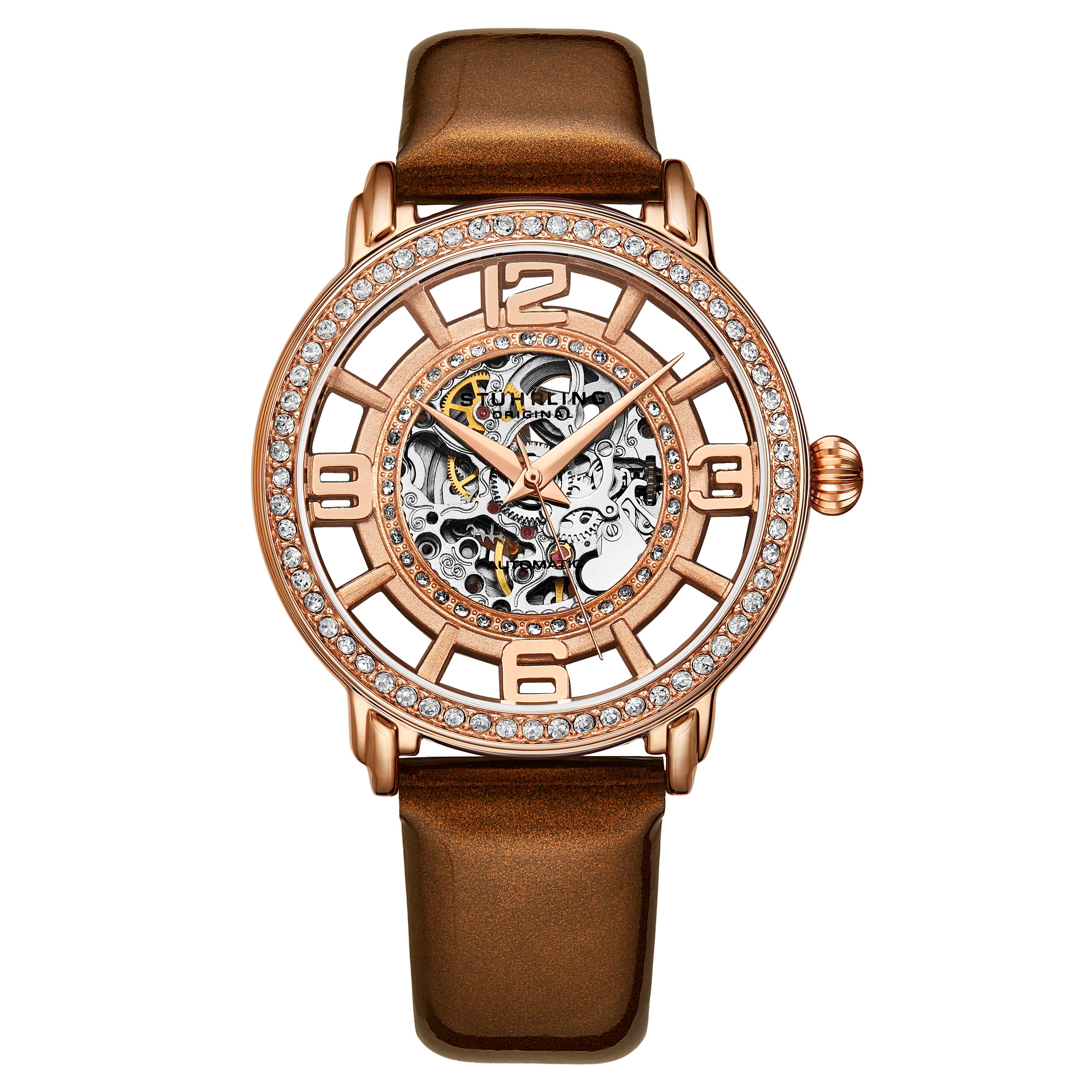 Women's Automatic Rose/Gold Toned Case, Rose/Gold Toned Bezel Studded With Rose/Gold Toned Colored Crystals, Rose/Gold Toned Skeletonized Dial With Gold Toned And Red Accents, Rose/Gold Toned Hands And Markers, Light Brown Patented Genuine Leather Strap Watch