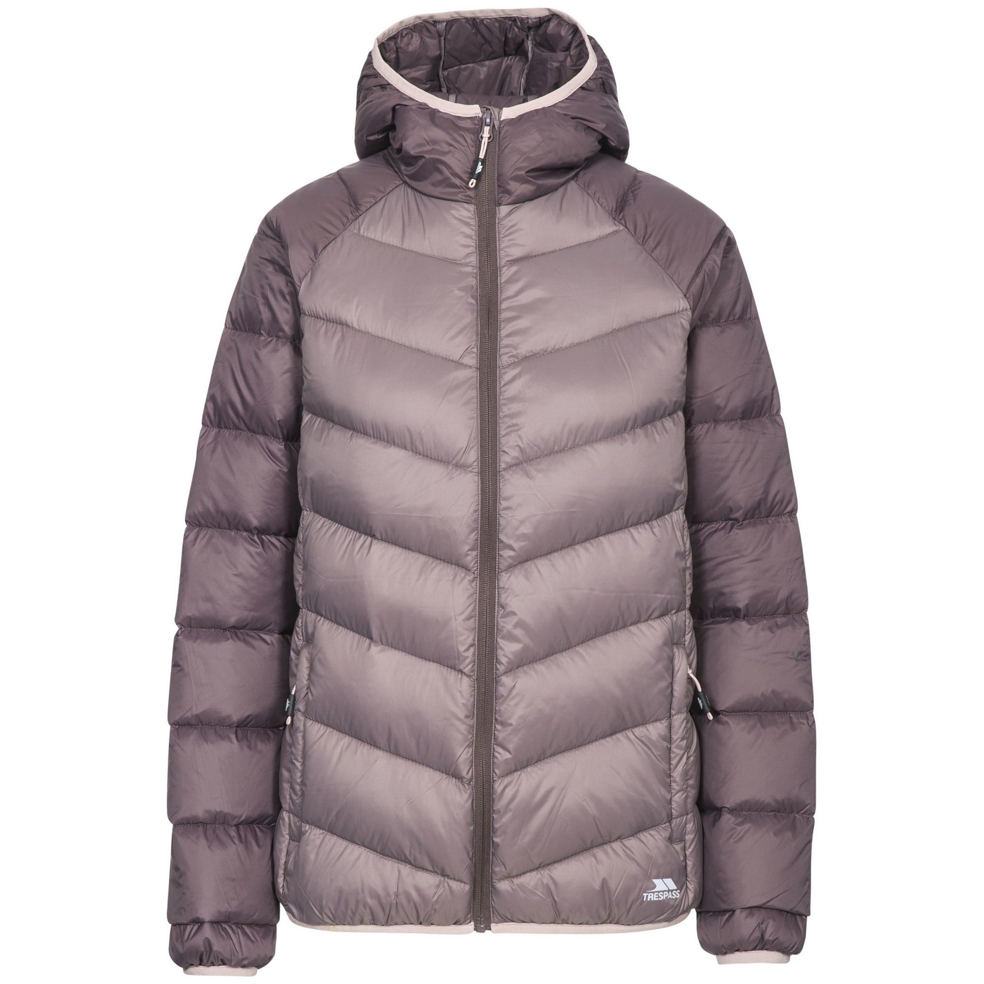 Grown on hood. 2 lower zipped pockets. Contrast sleeve and hood detail. Contrast binding at hood, cuffs and hem. Shell: 100% Polyamide, Lining: 100% Polyamide, Filling: 90% Down/10% Feather. Trespass Womens Chest Sizing (approx): XS/8 - 32in/81cm, S/10 - 34in/86cm, M/12 - 36in/91.4cm, L/14 - 38in/96.5cm, XL/16 - 40in/101.5cm, XXL/18 - 42in/106.5cm.